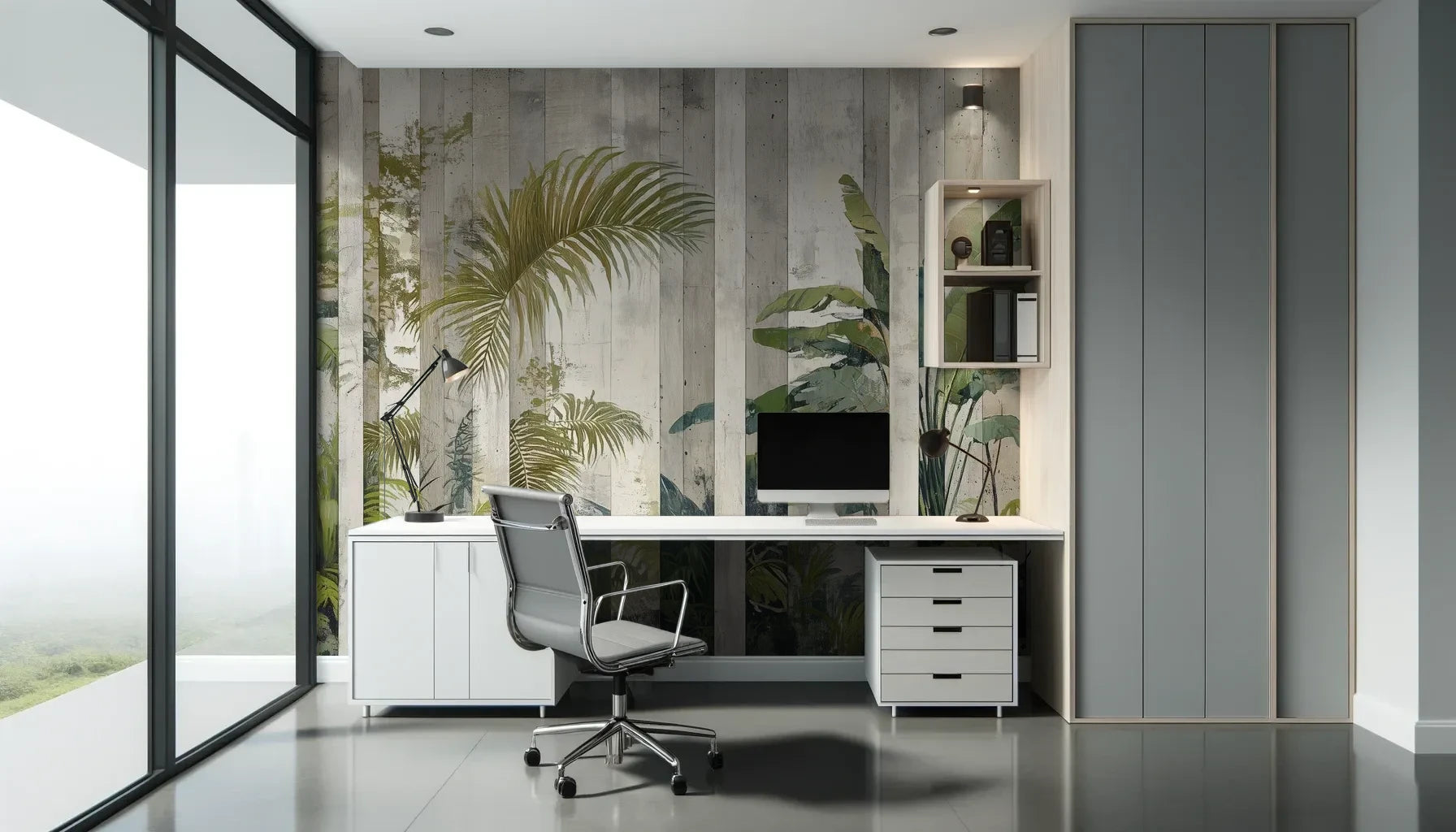 Fototapeta VERTICAL PARADISE - tapeta z tropikalną dżunglą na tle jasnych pasów pokazana w aranżacji biura.
