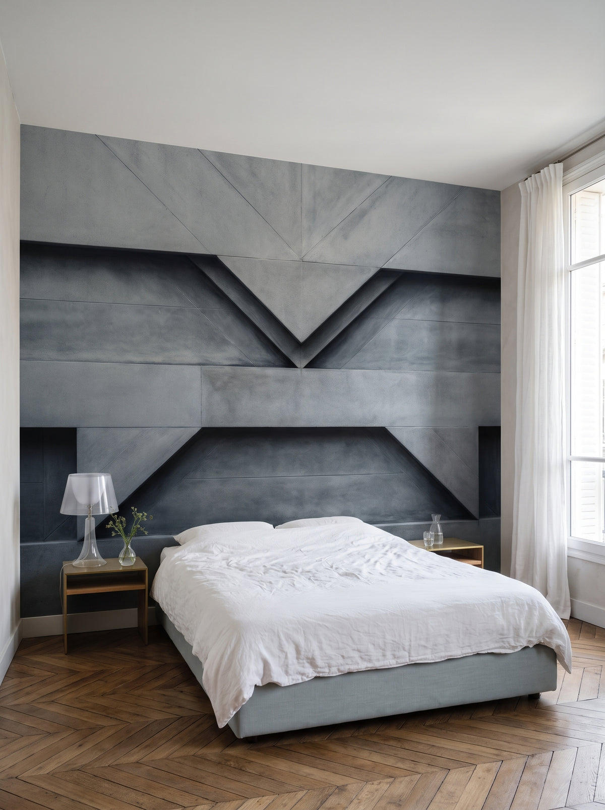 Fototapeta artystyczna o nazwie Chevron Depth w aranżacji wnętrza: sypialnia w eleganckim paryskim apartamencie.