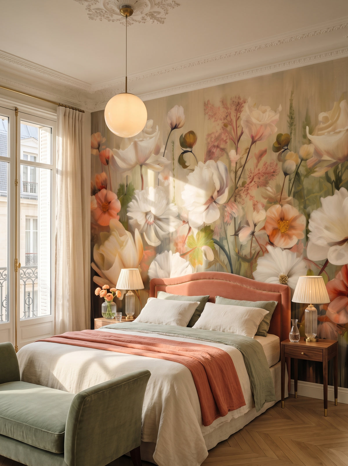 Fototapeta artystyczna o nazwie Serene Pastel Bouquet w aranżacji wnętrza: sypialnia w paryskim apartamencie.
