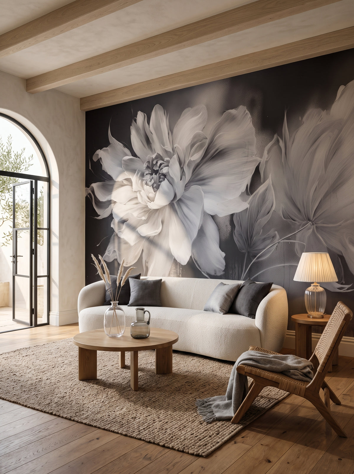 Fototapeta artystyczna o nazwie NOCTURNAL FLORAL WHISPERS w aranżacji wnętrza: salon w wyrafinowanym stylu boho z łukowym wyjściem na taras.