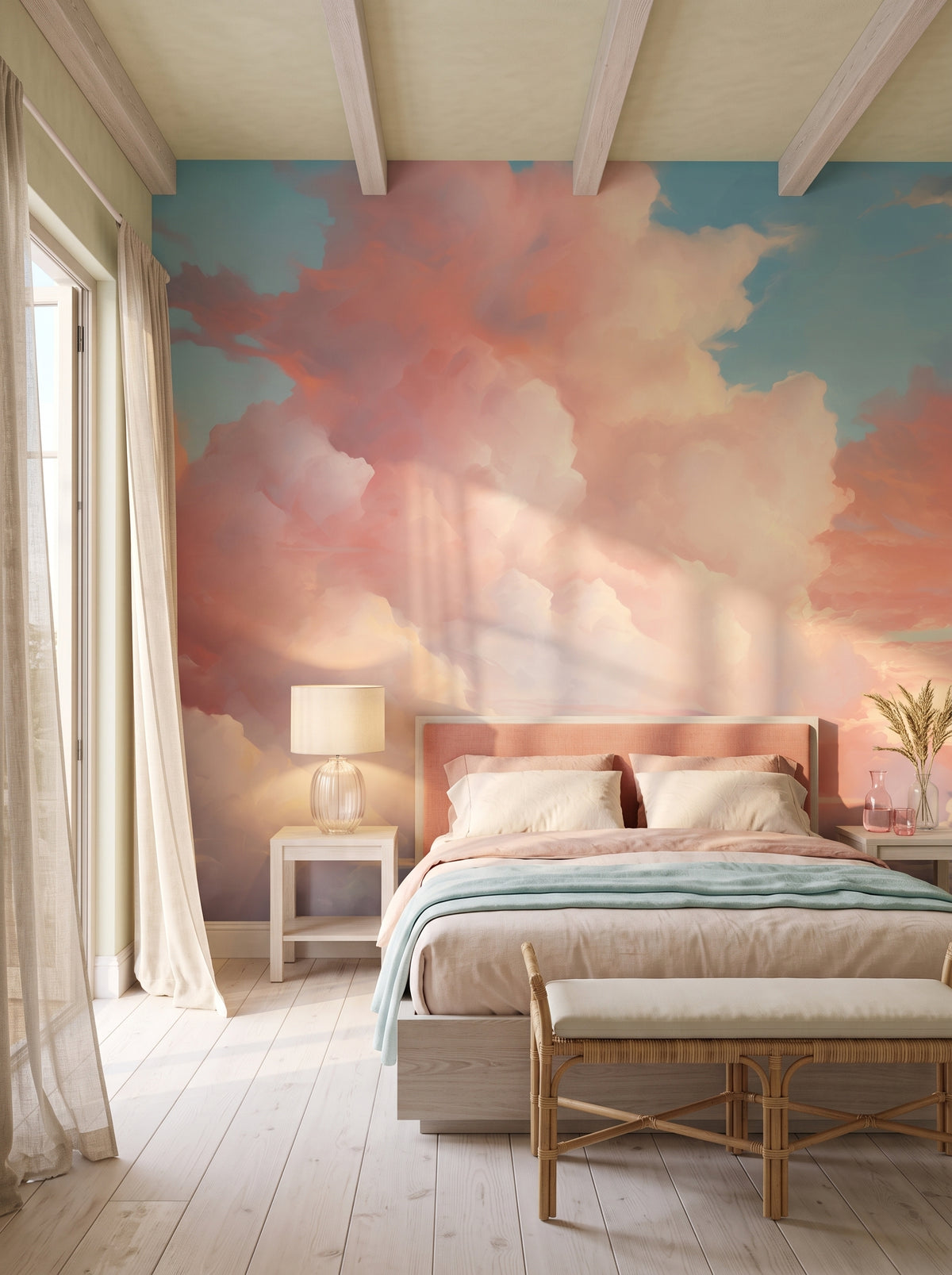 Künstlerische Fototapete „Evening Glow #2“ im Interieur: Schlafzimmer in einer Residenz am Meer.