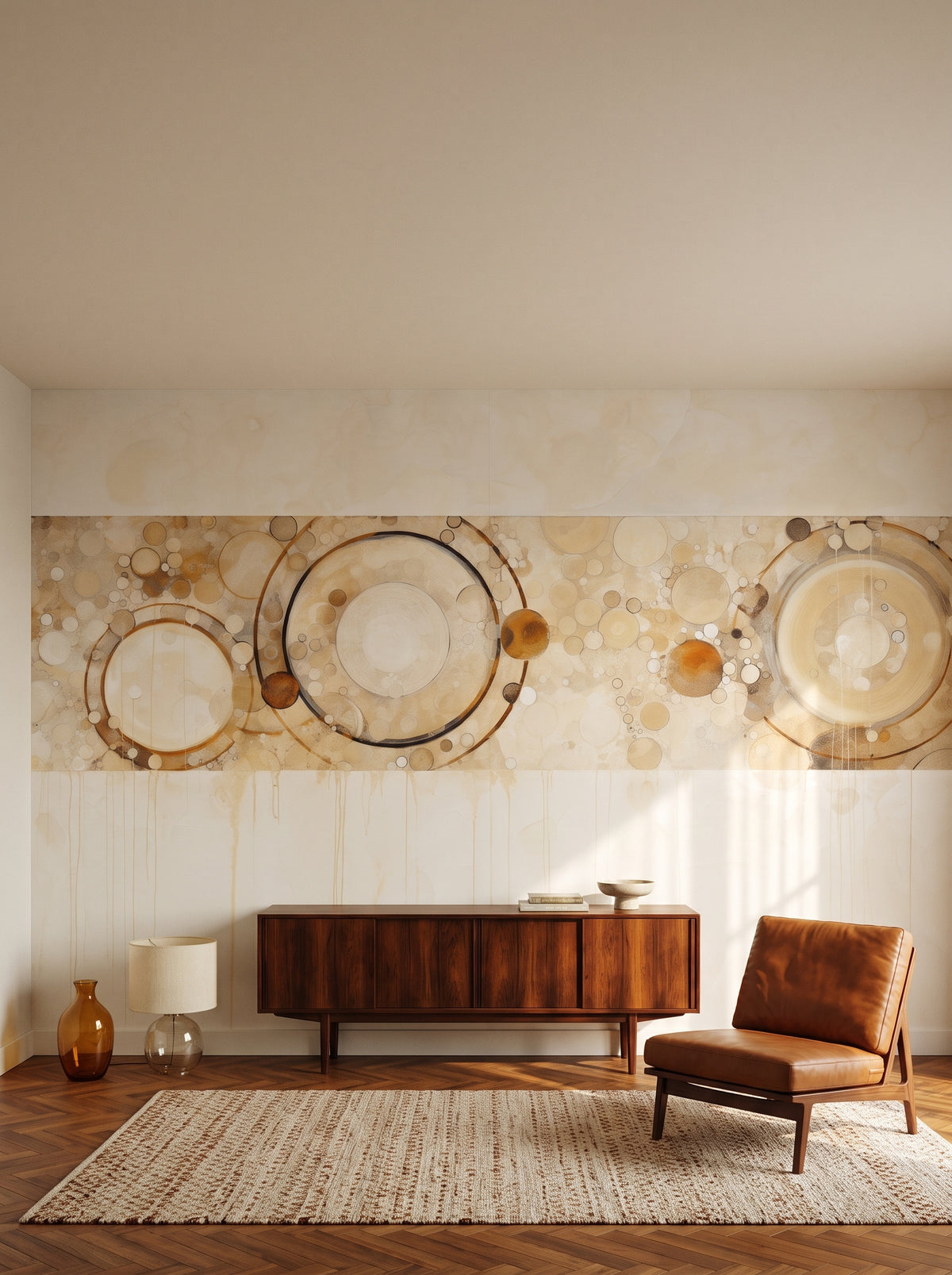 Fototapeta artystyczna o nazwie BUBBLING BRONZE CASCADE w aranżacji wnętrza: salon kolekcjonera w stylu mid-century.