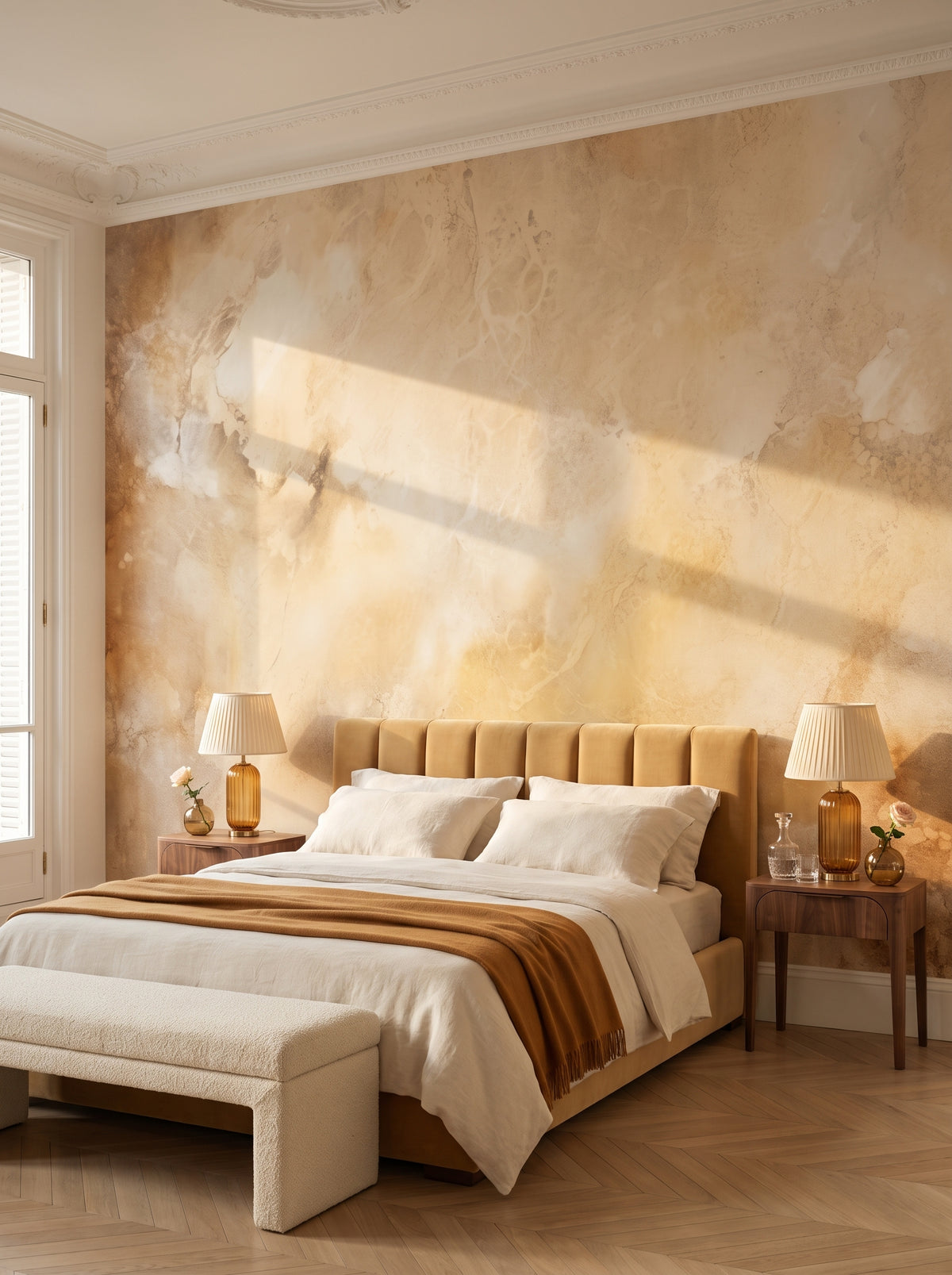 Fototapeta artystyczna o nazwie GOLDEN DAWN MARBLE w aranżacji wnętrza: sypialnia w paryskim apartamencie.