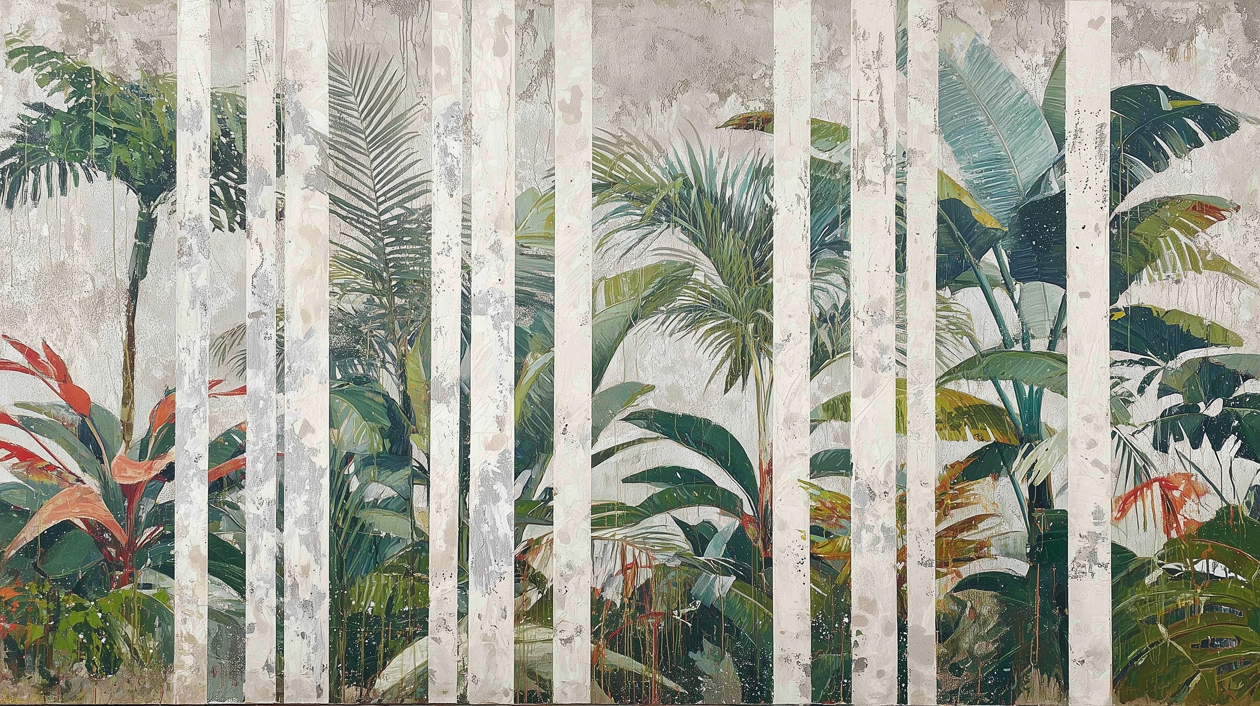 Podgląd wzoru: Prezentacja całego wzoru fototapety o nazwie MARBLE TROPICS - tapeta z tropikalną dżunglą na marmurowym tle