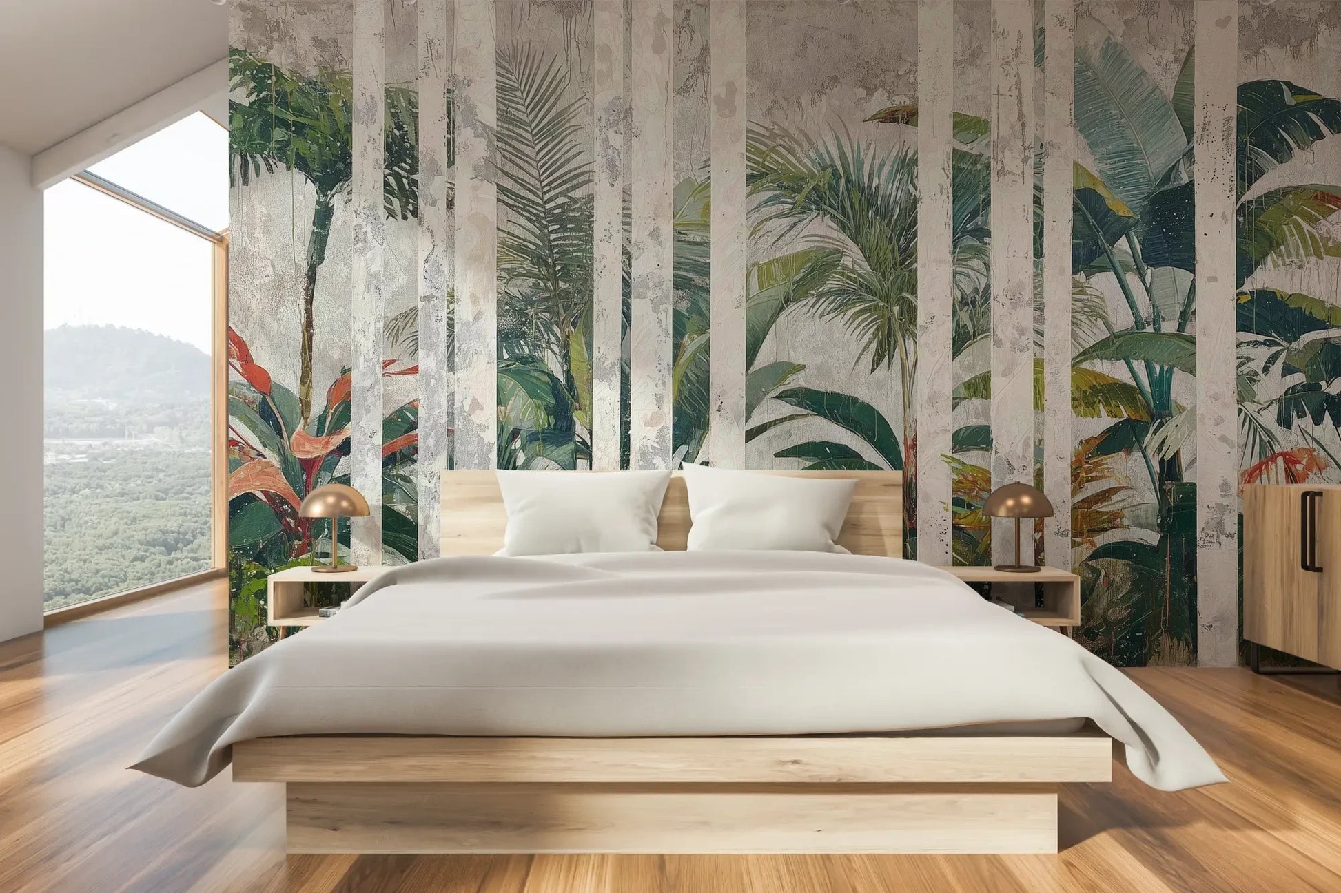 Wzór fototapety MARBLE TROPICS - tapeta z tropikalną dżunglą na marmurowym tle pokazanej w aranżacji sypialni.