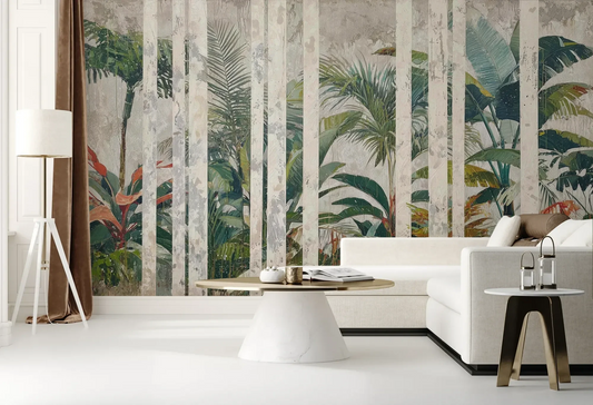 Wzór fototapety MARBLE TROPICS - tapeta z tropikalną dżunglą na marmurowym tle pokazanej w aranżacji salonu.