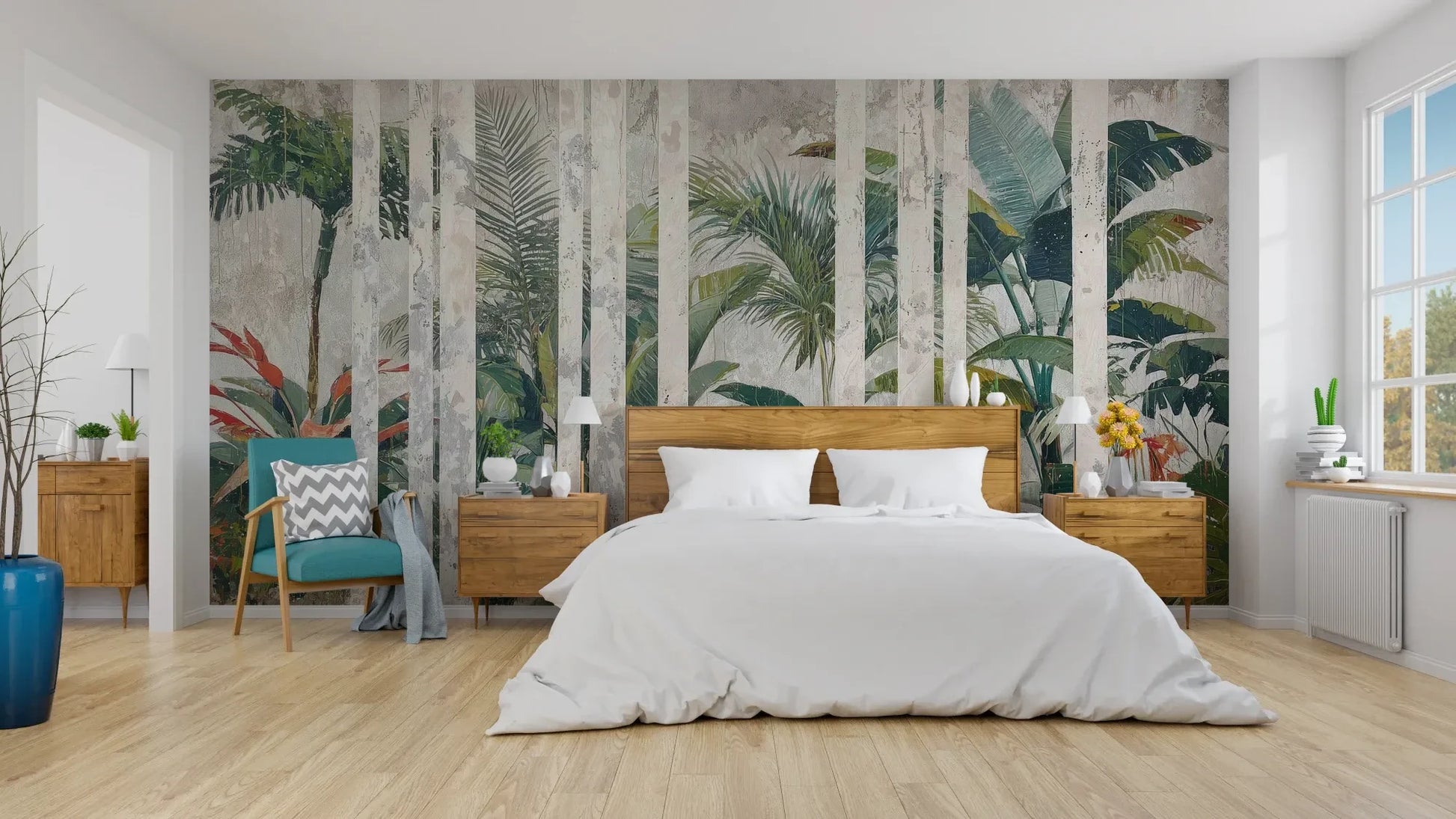 Wzór fototapety MARBLE TROPICS - tapeta z tropikalną dżunglą na marmurowym tle pokazanej w aranżacji sypialni.