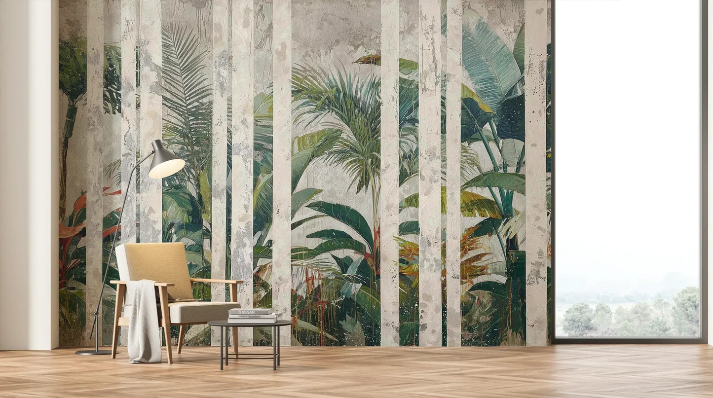 Wzór fototapety MARBLE TROPICS - tapeta z tropikalną dżunglą na marmurowym tle pokazanej w aranżacji salonu.