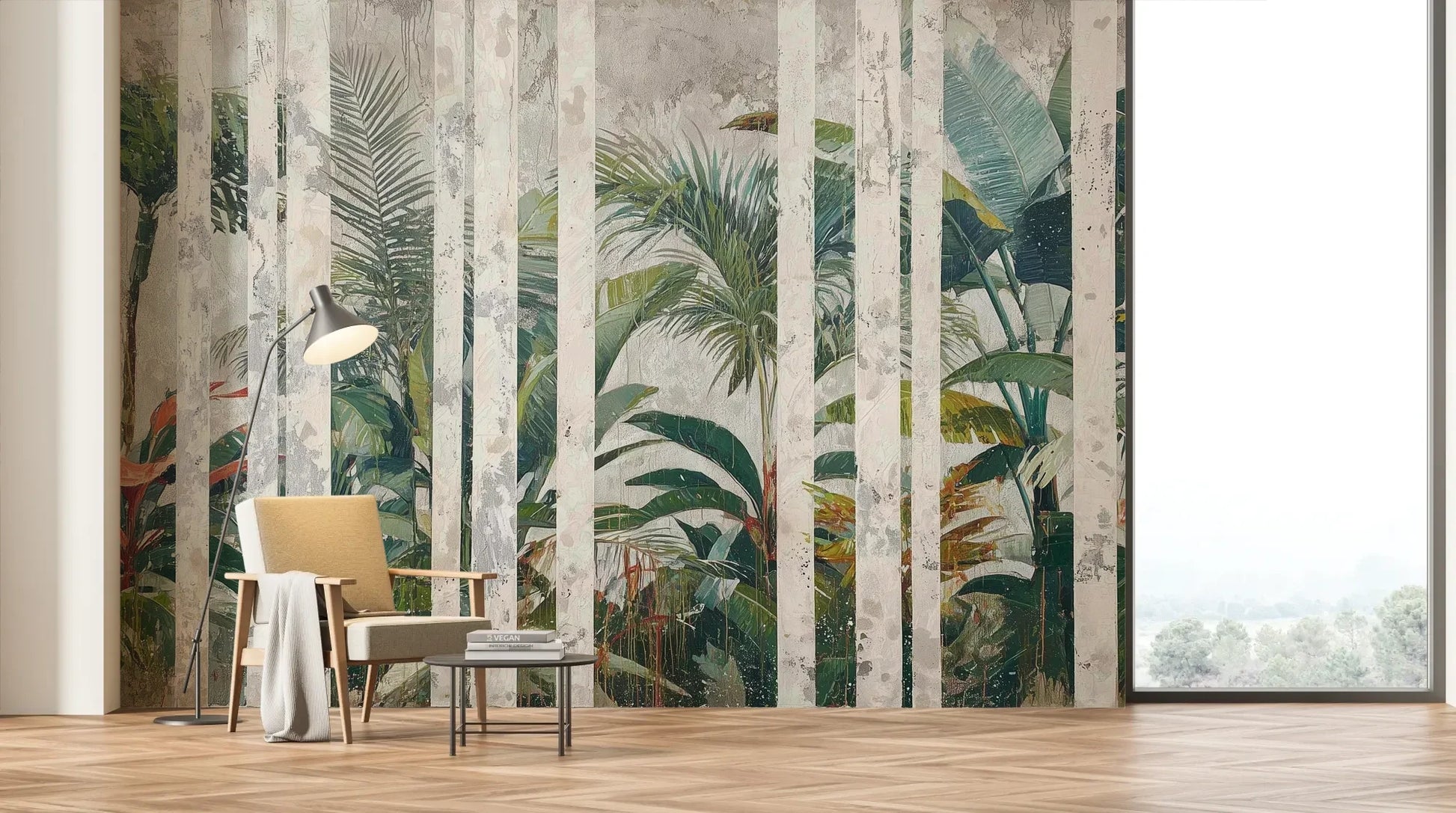 Wzór fototapety MARBLE TROPICS - tapeta z tropikalną dżunglą na marmurowym tle pokazanej w aranżacji salonu.
