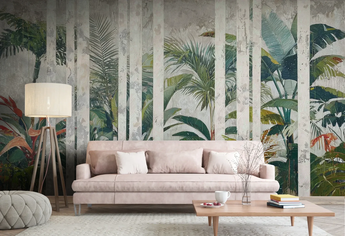 Wzór fototapety MARBLE TROPICS - tapeta z tropikalną dżunglą na marmurowym tle pokazanej w aranżacji salonu.
