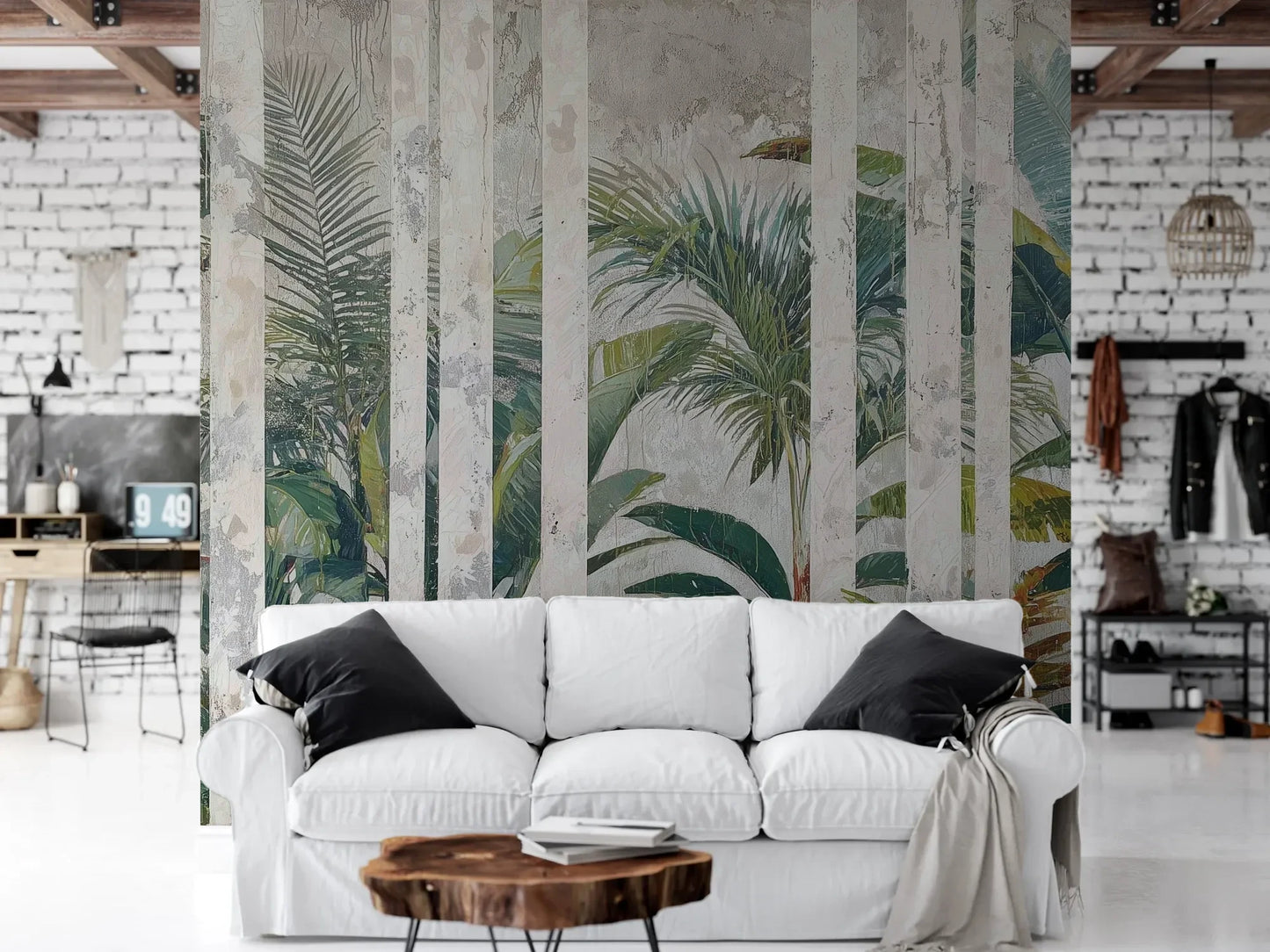 Wzór fototapety MARBLE TROPICS - tapeta z tropikalną dżunglą na marmurowym tle pokazanej w aranżacji salonu.