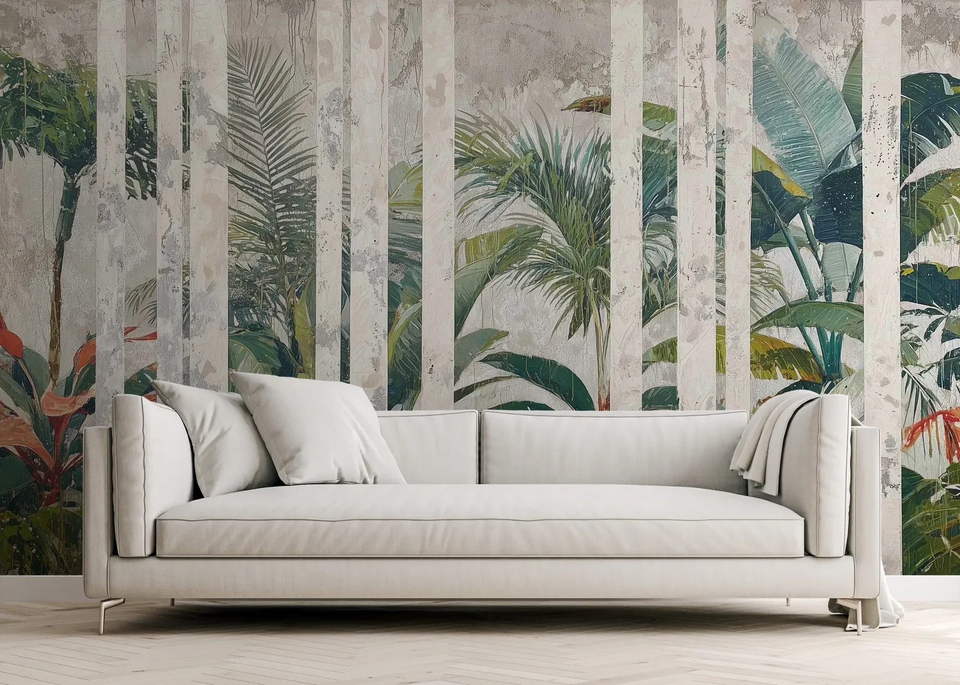 Wzór fototapety MARBLE TROPICS - tapeta z tropikalną dżunglą na marmurowym tle pokazanej w aranżacji salonu.