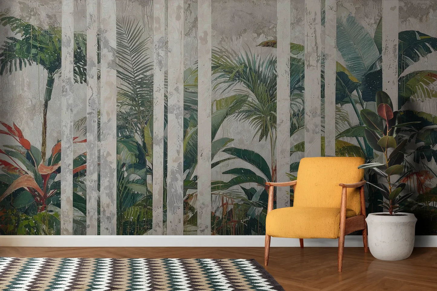Wzór fototapety MARBLE TROPICS - tapeta z tropikalną dżunglą na marmurowym tle pokazanej w aranżacji salonu.