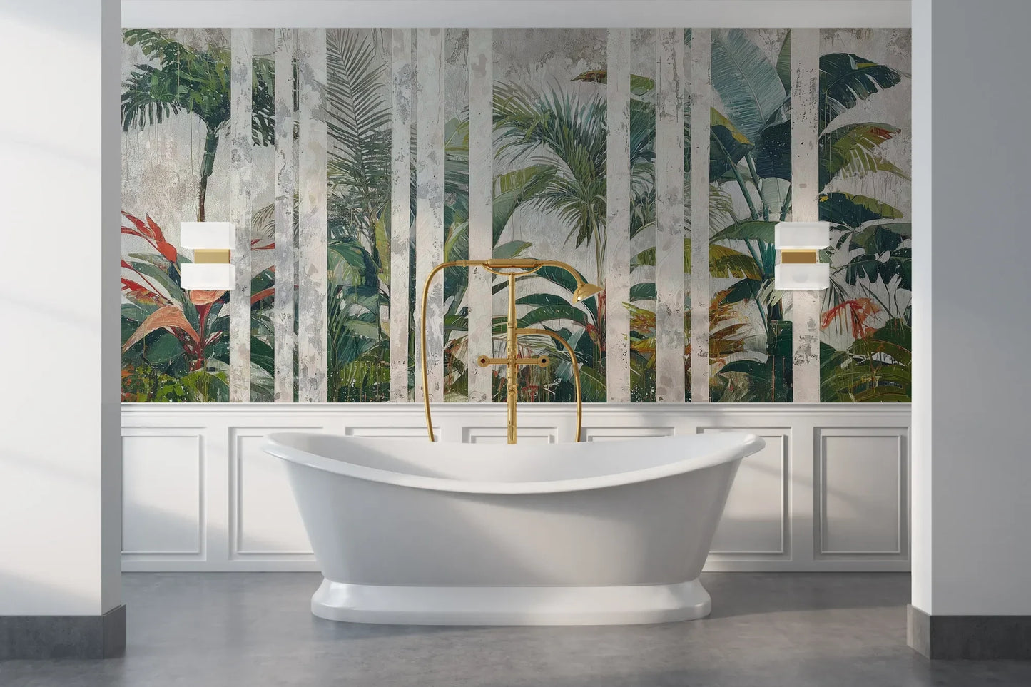 Wzór fototapety MARBLE TROPICS - tapeta z tropikalną dżunglą na marmurowym tle pokazanej w aranżacji łazienki.