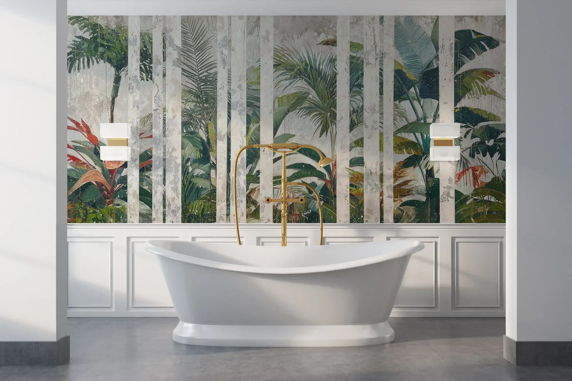 Wzór fototapety MARBLE TROPICS - tapeta z tropikalną dżunglą na marmurowym tle pokazanej w aranżacji łazienki.