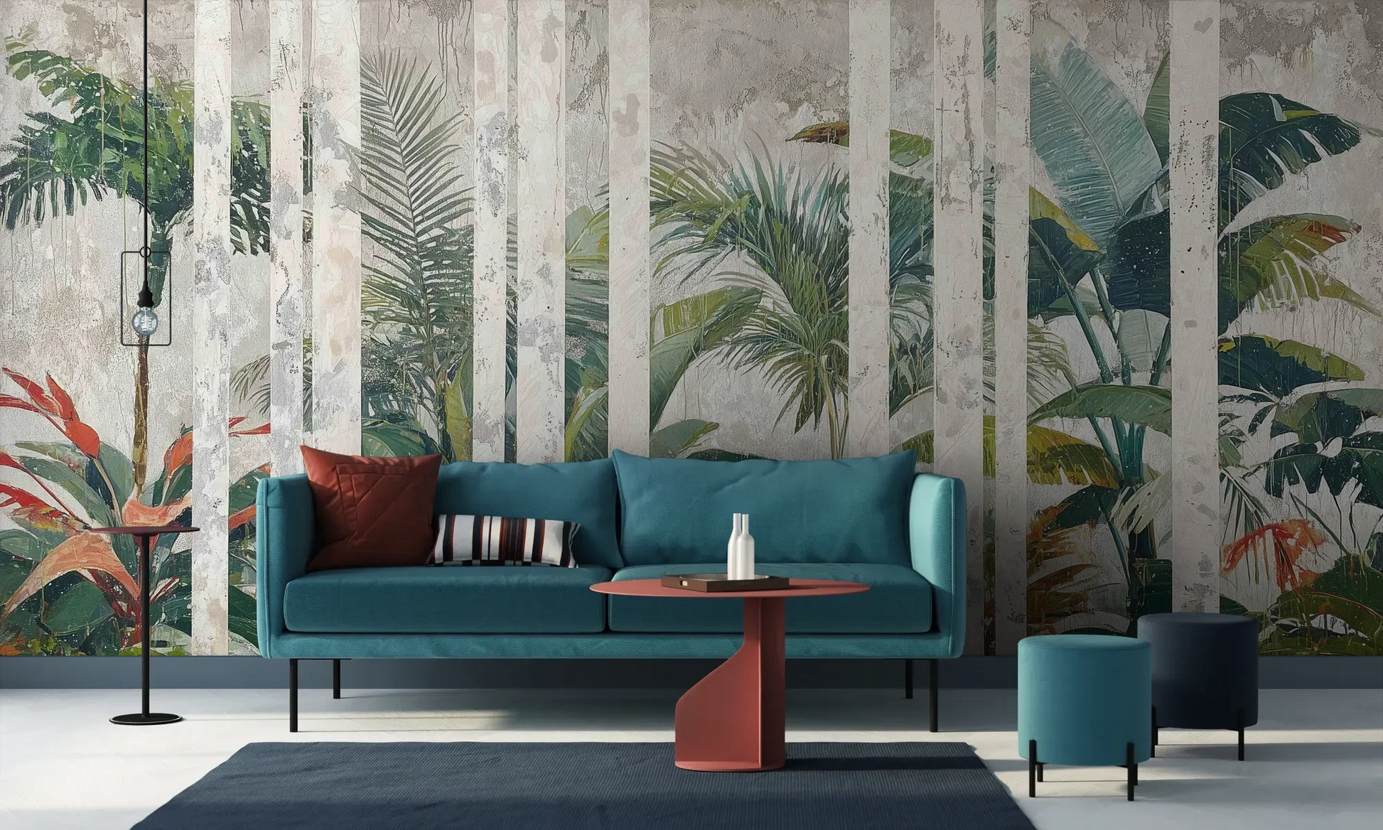 Wzór fototapety MARBLE TROPICS - tapeta z tropikalną dżunglą na marmurowym tle pokazanej w aranżacji salonu.