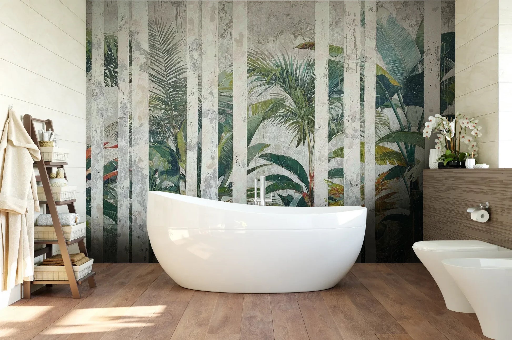 Wzór fototapety MARBLE TROPICS - tapeta z tropikalną dżunglą na marmurowym tle pokazanej w aranżacji łazienki.