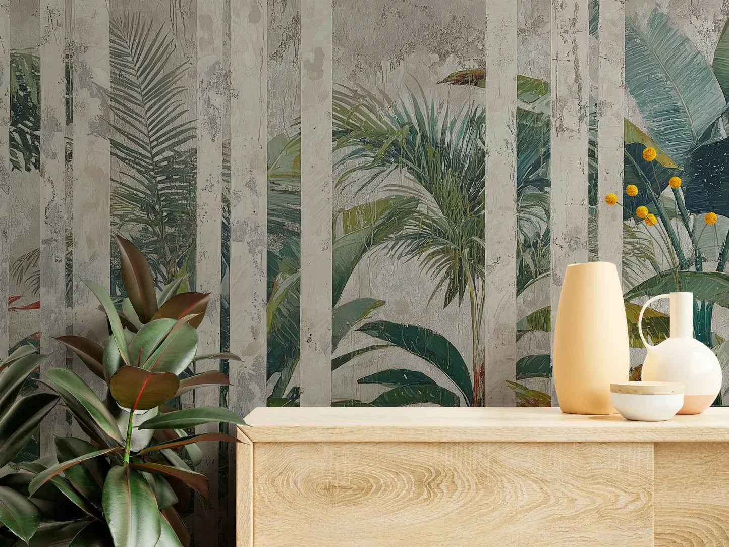 Fototapeta MARBLE TROPICS - tapeta z tropikalną dżunglą na marmurowym tle pokazana w aranżacji wnętrza z akcentem na ścianie.