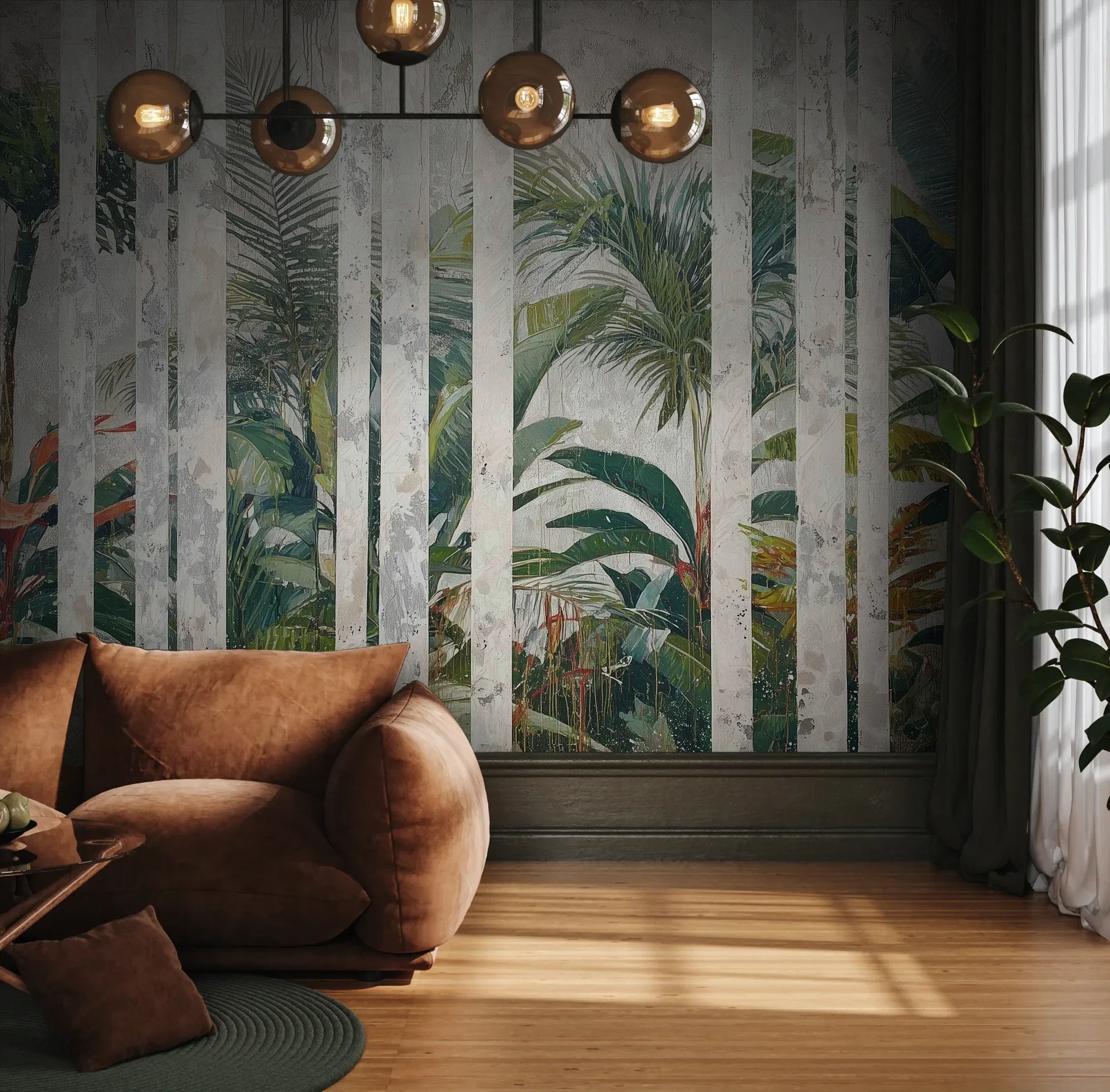 Fototapeta MARBLE TROPICS - tapeta z tropikalną dżunglą na marmurowym tle pokazana w aranżacji wnętrza z akcentem na ścianie.