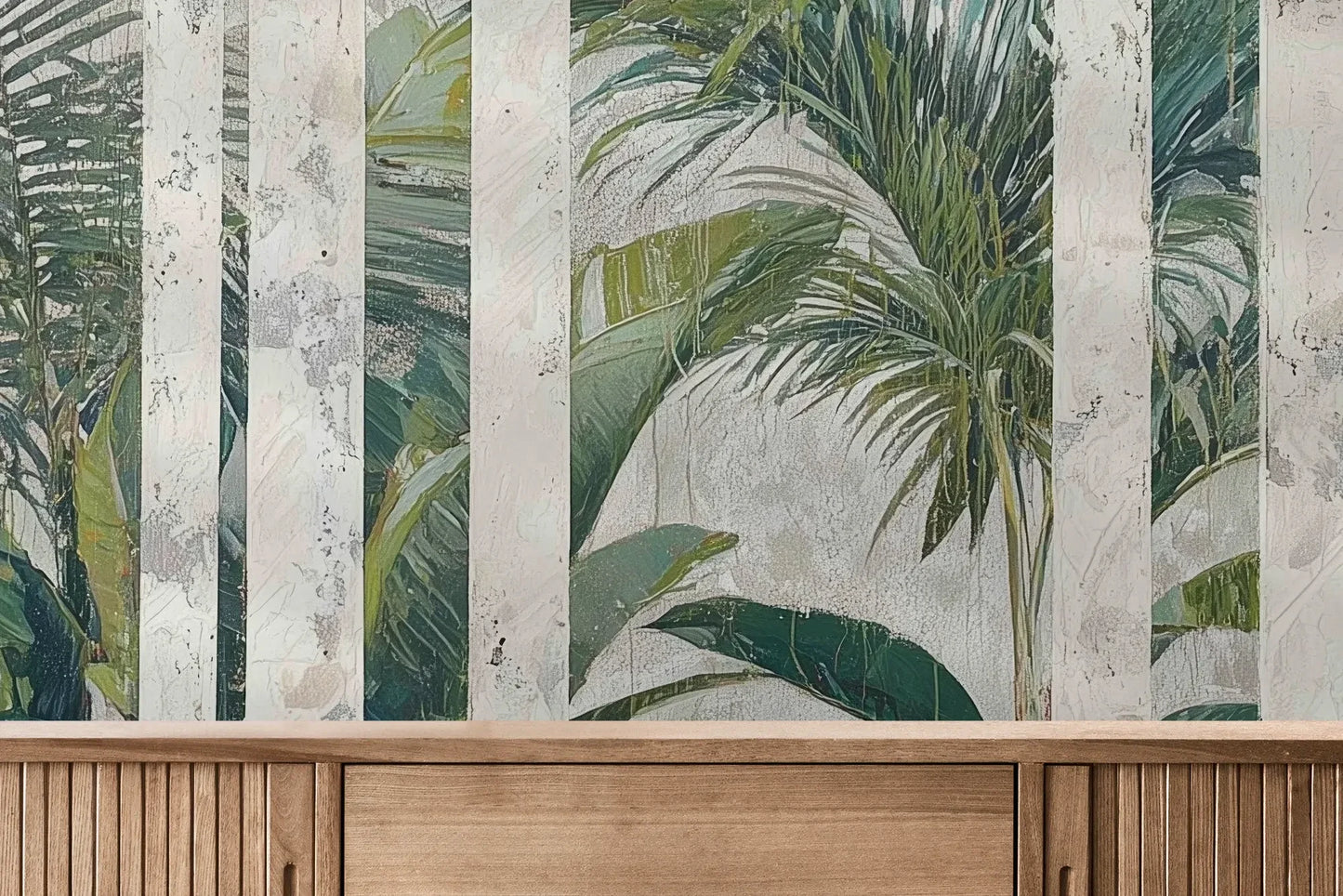 Fototapeta MARBLE TROPICS - tapeta z tropikalną dżunglą na marmurowym tle pokazana w aranżacji wnętrza z akcentem na ścianie.