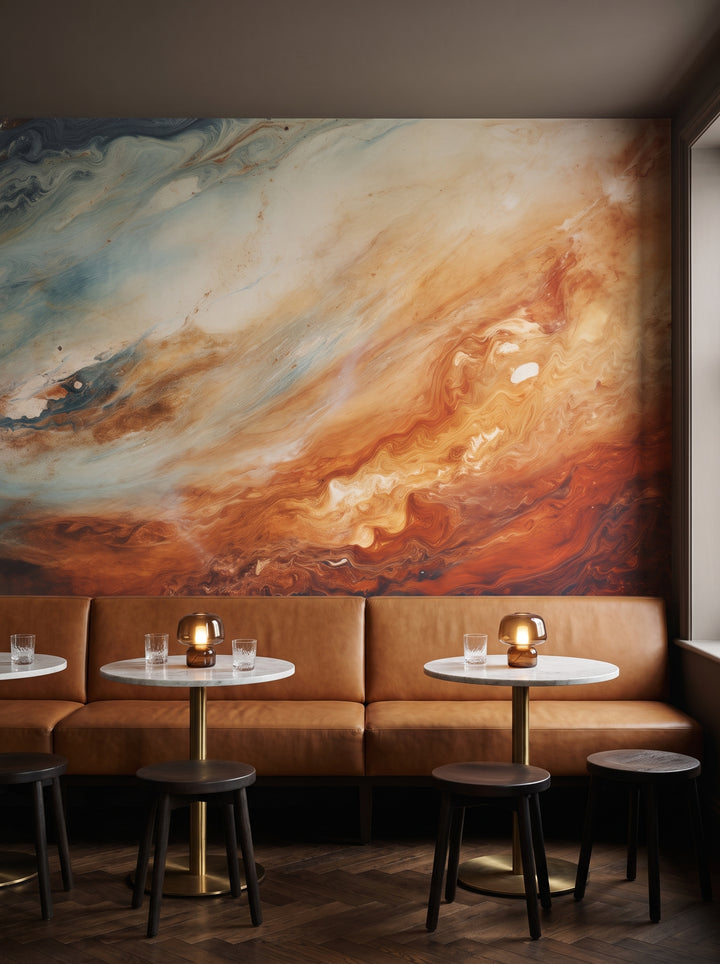 Fototapeta artystyczna o nazwie Jupiter's Glow w aranżacji wnętrza: bar w butikowym hotelu.