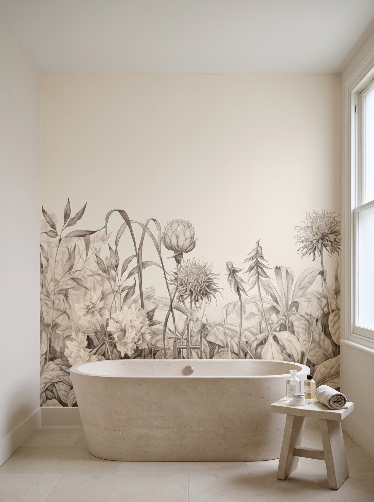 Fototapeta artystyczna o nazwie Botanical Elegance w aranżacji wnętrza: łazienka spa w luksusowej rezydencji.