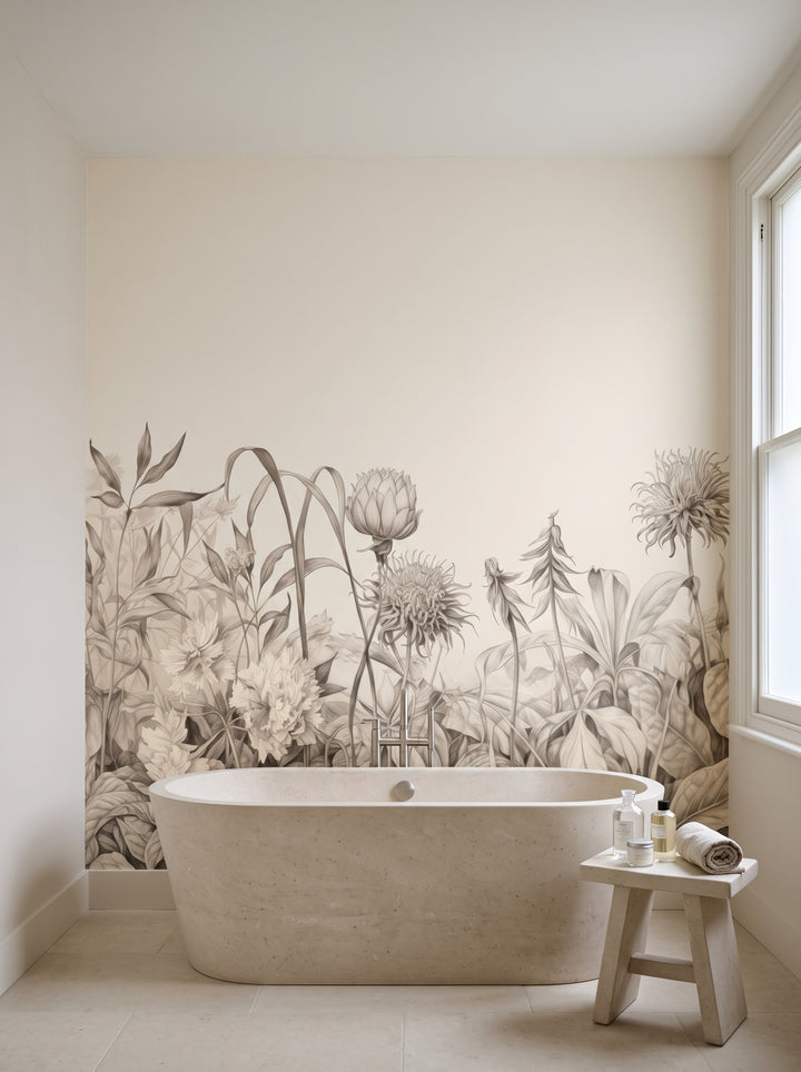 Fototapeta artystyczna o nazwie Botanical Elegance w aranżacji wnętrza: łazienka spa w luksusowej rezydencji.