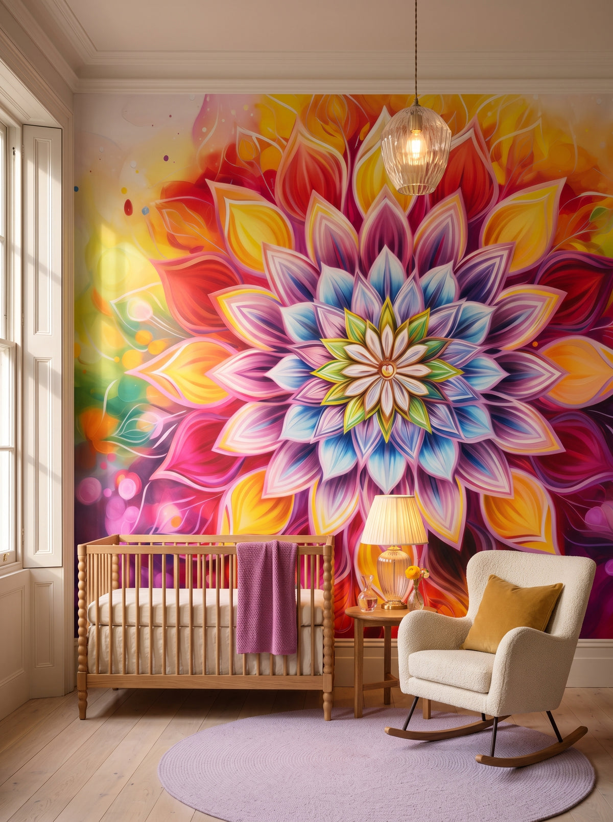 Fototapeta artystyczna o nazwie Radiant Mandala w aranżacji wnętrza: pokój dziecięcy w miejskiej kamienicy.