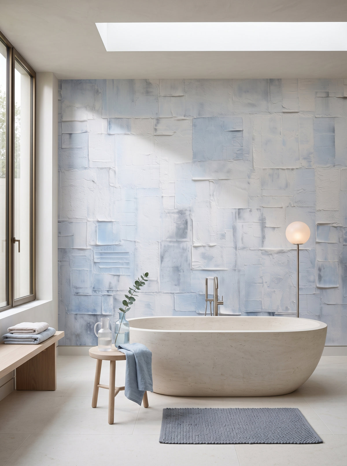 Fototapeta artystyczna o nazwie Serene Blues w aranżacji wnętrza: łazienka spa w luksusowej rezydencji.