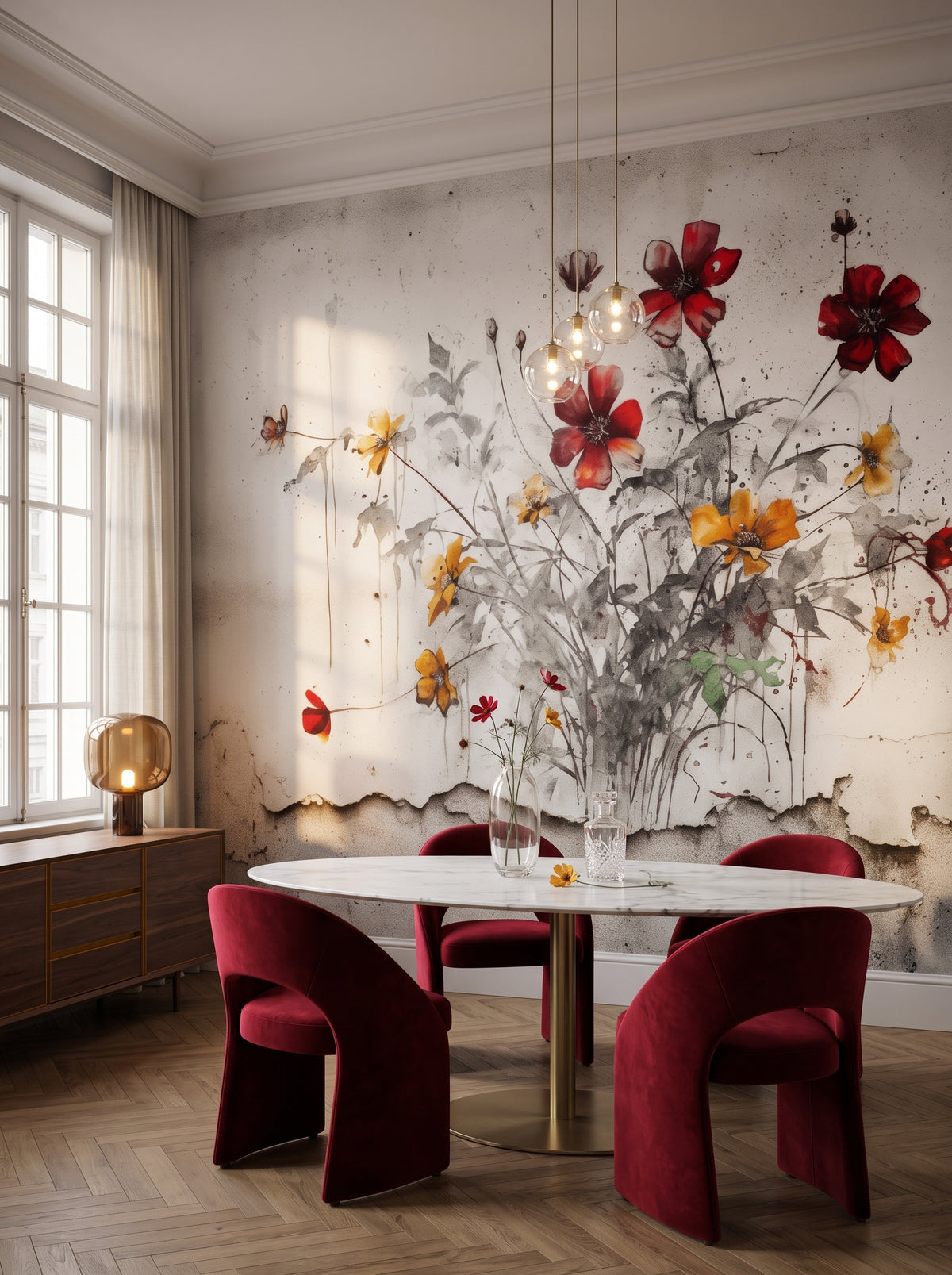 Fototapeta artystyczna o nazwie RUSTIC BLOOMS OF VITALITY w aranżacji wnętrza: formalna jadalnia w nowoczesnym klasycznym apartamencie.