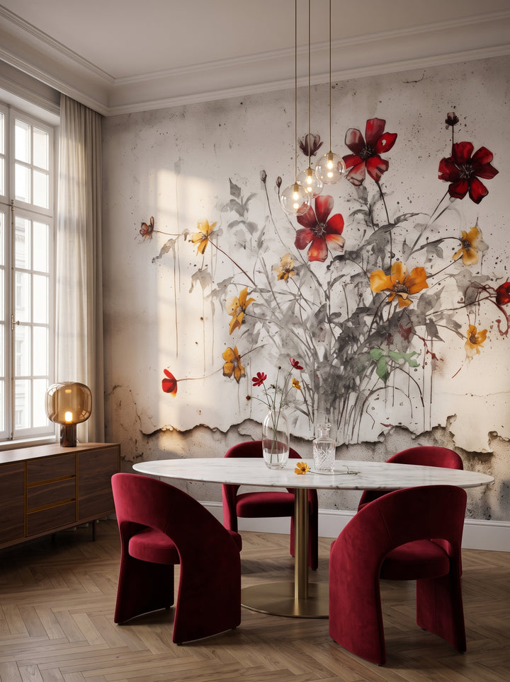 Fototapeta artystyczna o nazwie RUSTIC BLOOMS OF VITALITY w aranżacji wnętrza: formalna jadalnia w nowoczesnym klasycznym apartamencie.
