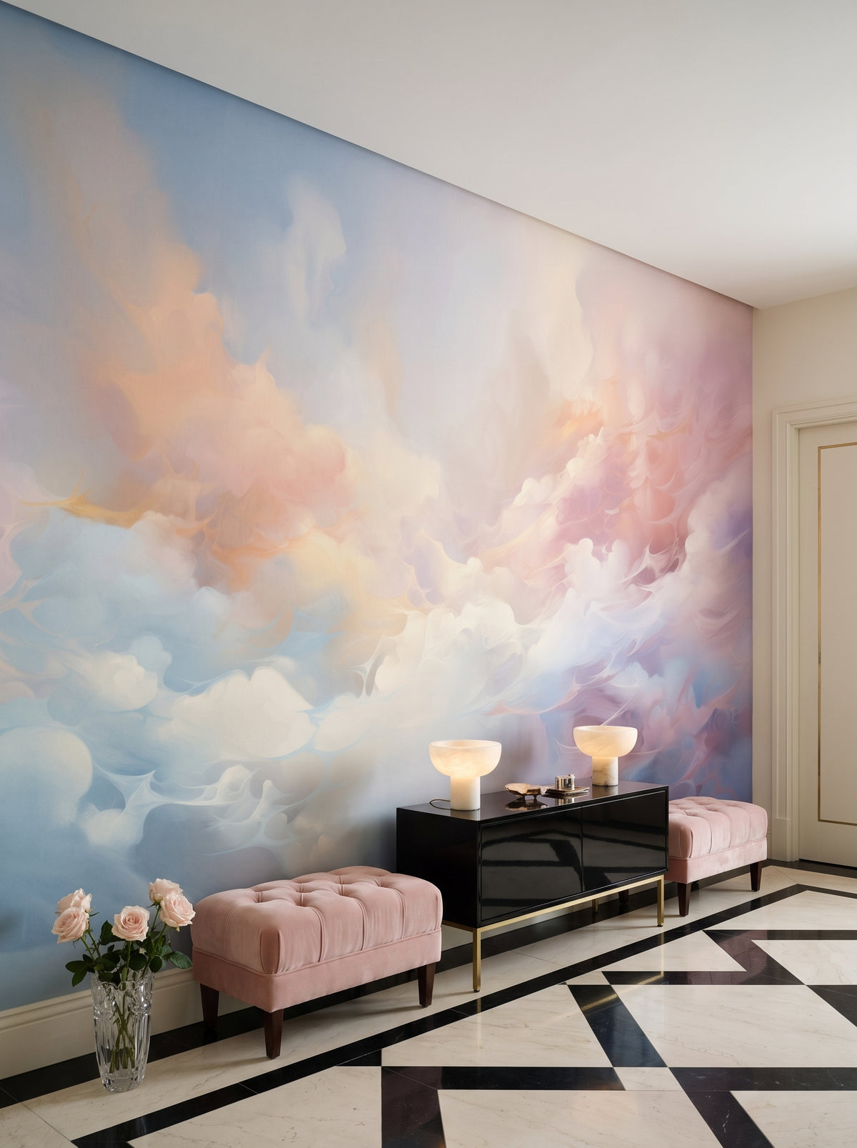 Fototapeta artystyczna o nazwie Misty Pastels w aranżacji wnętrza: galeria wejściowa w wyrafinowanym apartamencie art déco.