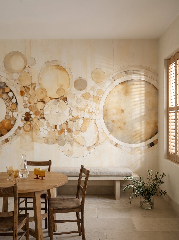 Fototapeta artystyczna o nazwie AMBER CIRCLES ABSTRACTION w aranżacji wnętrza: jadalnia w śródziemnomorskiej willi.