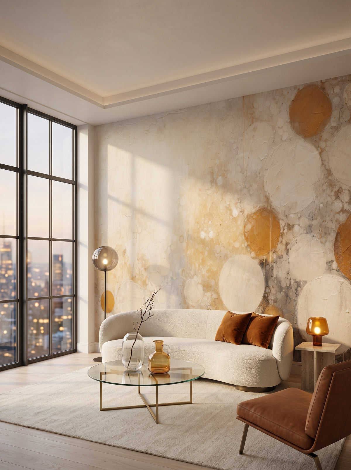 Fototapeta artystyczna o nazwie DAWN HAZE ORBS w aranżacji wnętrza: salon w penthousie na Manhattanie.