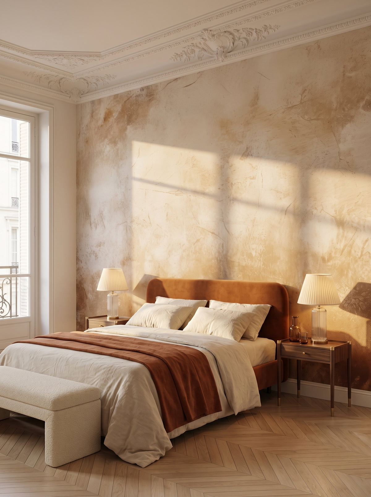Fototapeta artystyczna o nazwie RUSTIC GILDED PATINA w aranżacji wnętrza: sypialnia w paryskim apartamencie.