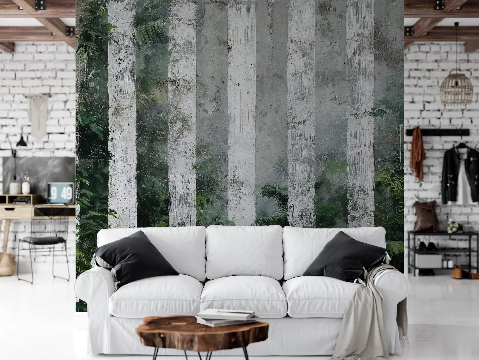 Wzór fototapety BIRCH SHADOWS - tapeta z motywem leśnych brzóz we mgle pokazanej w aranżacji salonu.