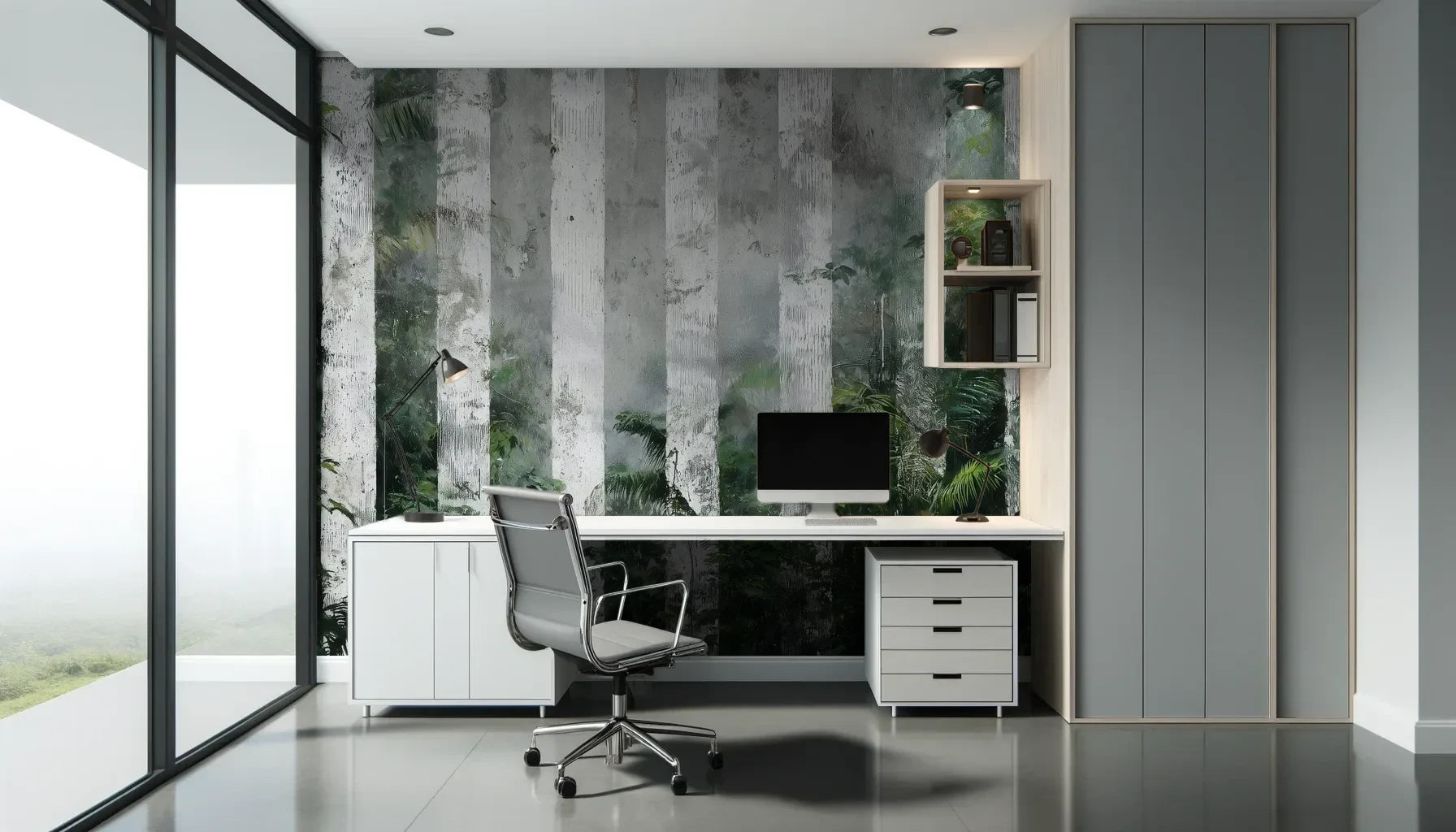 Fototapeta BIRCH SHADOWS - tapeta z motywem leśnych brzóz we mgle pokazana w aranżacji biura.