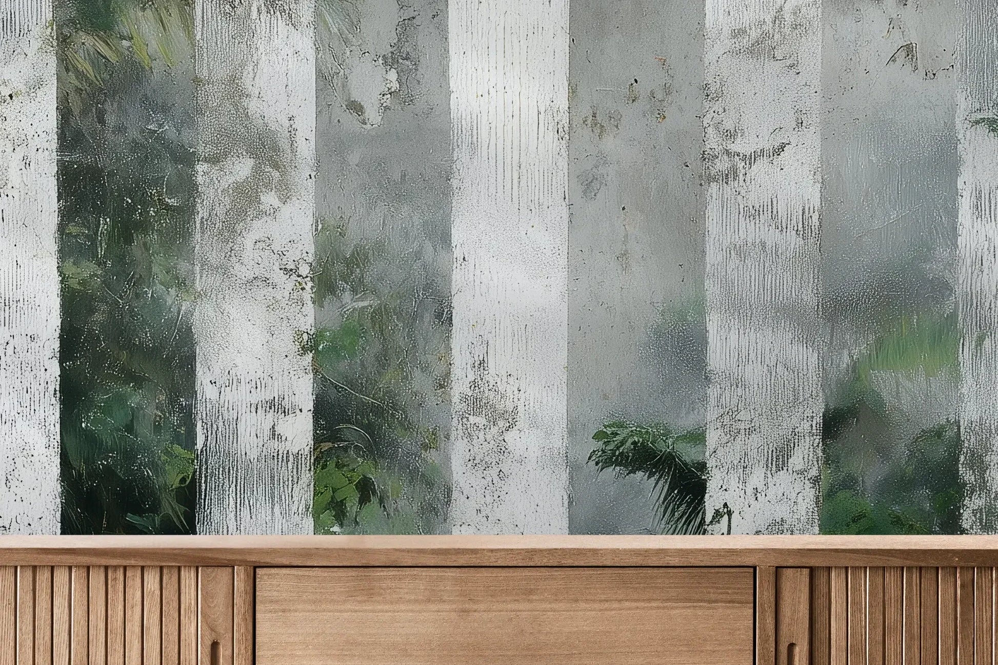 Fototapeta BIRCH SHADOWS - tapeta z motywem leśnych brzóz we mgle pokazana w aranżacji wnętrza z akcentem na ścianie.