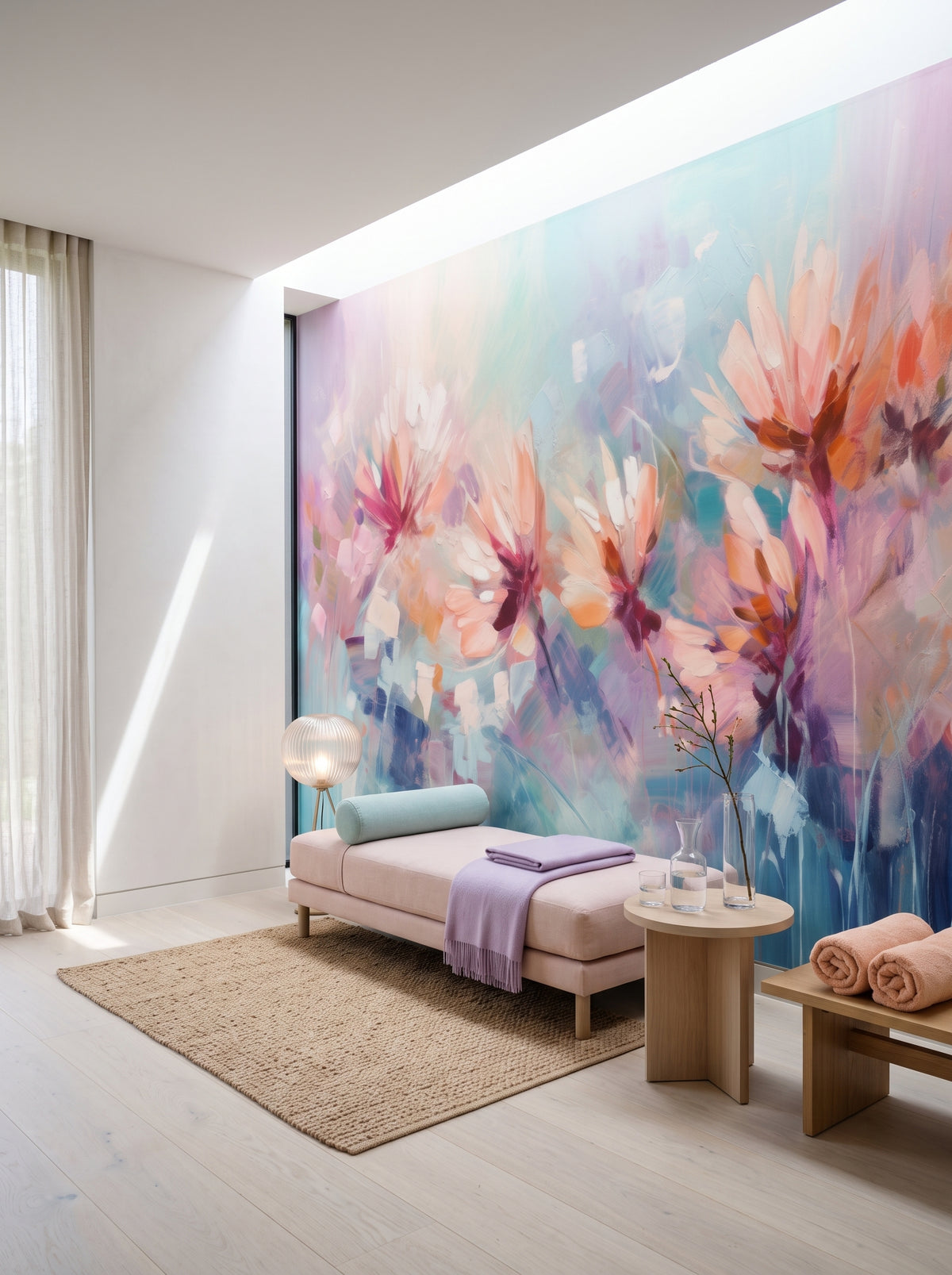 Fototapeta artystyczna o nazwie Ethereal Blossom Dance w aranżacji wnętrza: prywatny pokój wellness w nowoczesnej rezydencji.