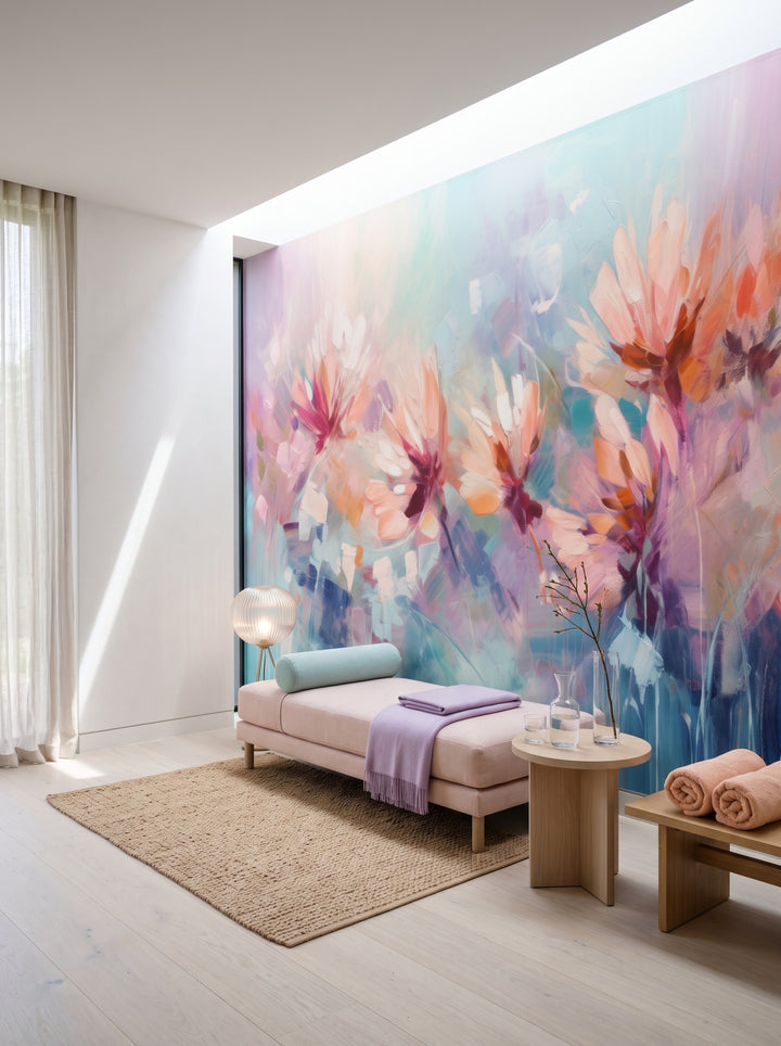 Fototapeta artystyczna o nazwie Ethereal Blossom Dance w aranżacji wnętrza: prywatny pokój wellness w nowoczesnej rezydencji.