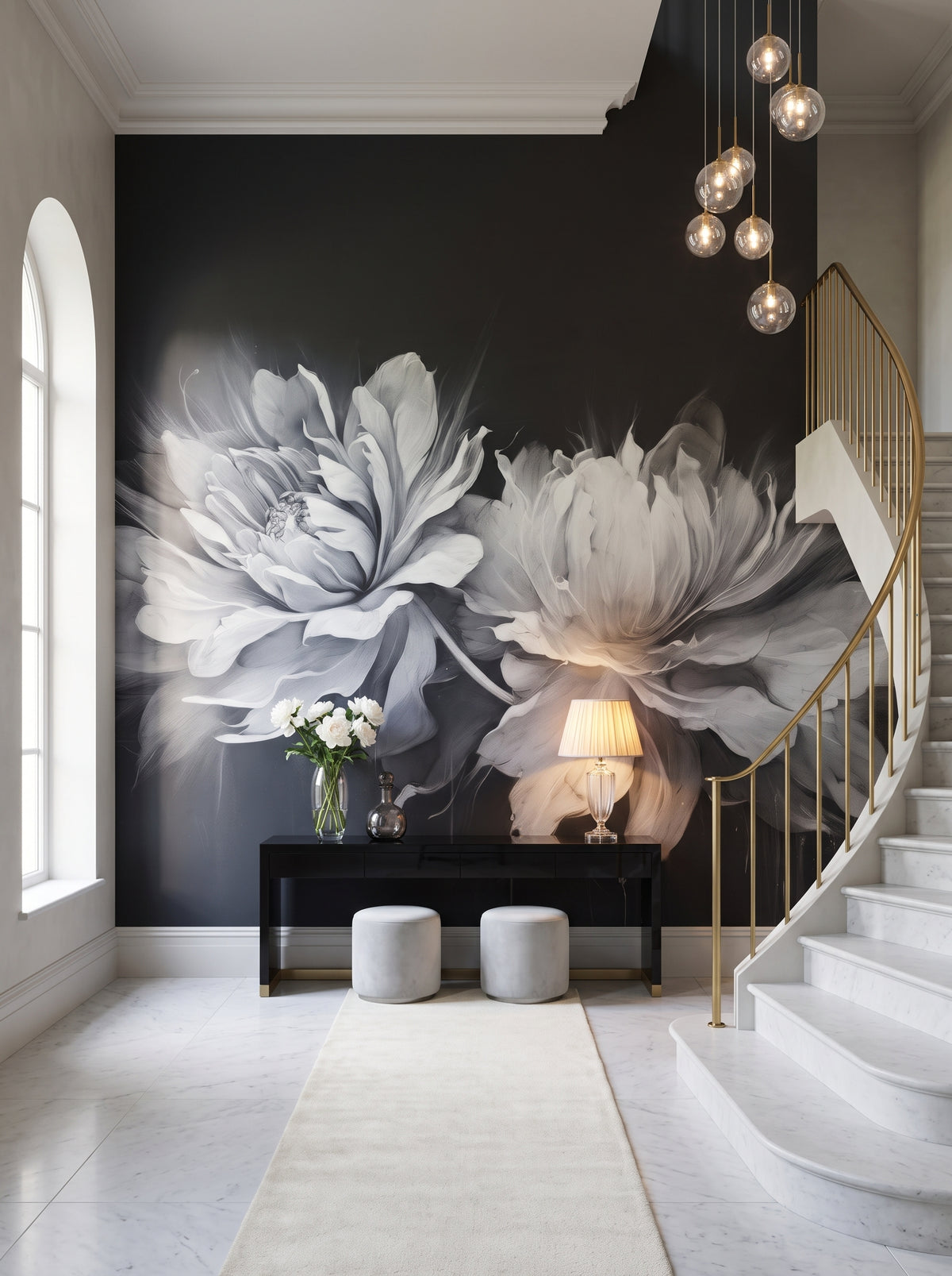 Fototapeta artystyczna o nazwie SILVER WHISPERING PETALS w aranżacji wnętrza: hol wejściowy rezydencji w stylu nowoczesnej klasyki.
