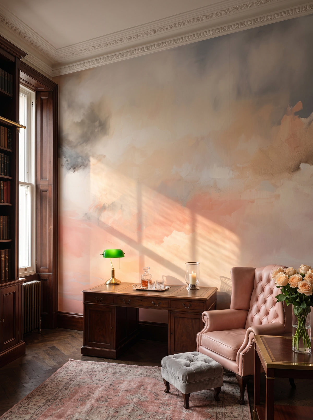 Fototapeta artystyczna o nazwie Cotton Skies w aranżacji wnętrza: prywatna biblioteka w stylu angielskiego klubu.