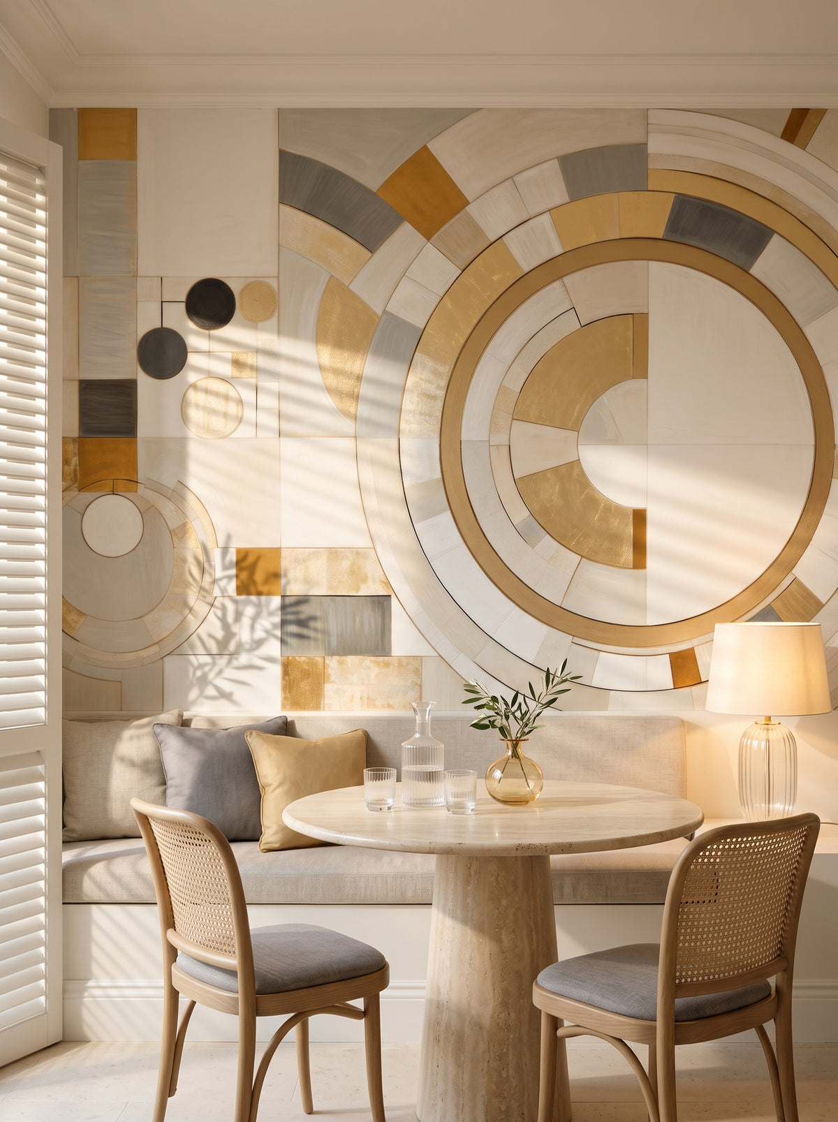 Fototapeta artystyczna o nazwie GEOMETRIC ELEGANCE IN MONOCHROME w aranżacji wnętrza: kącik śniadaniowy w willi na Lazurowym Wybrzeżu.