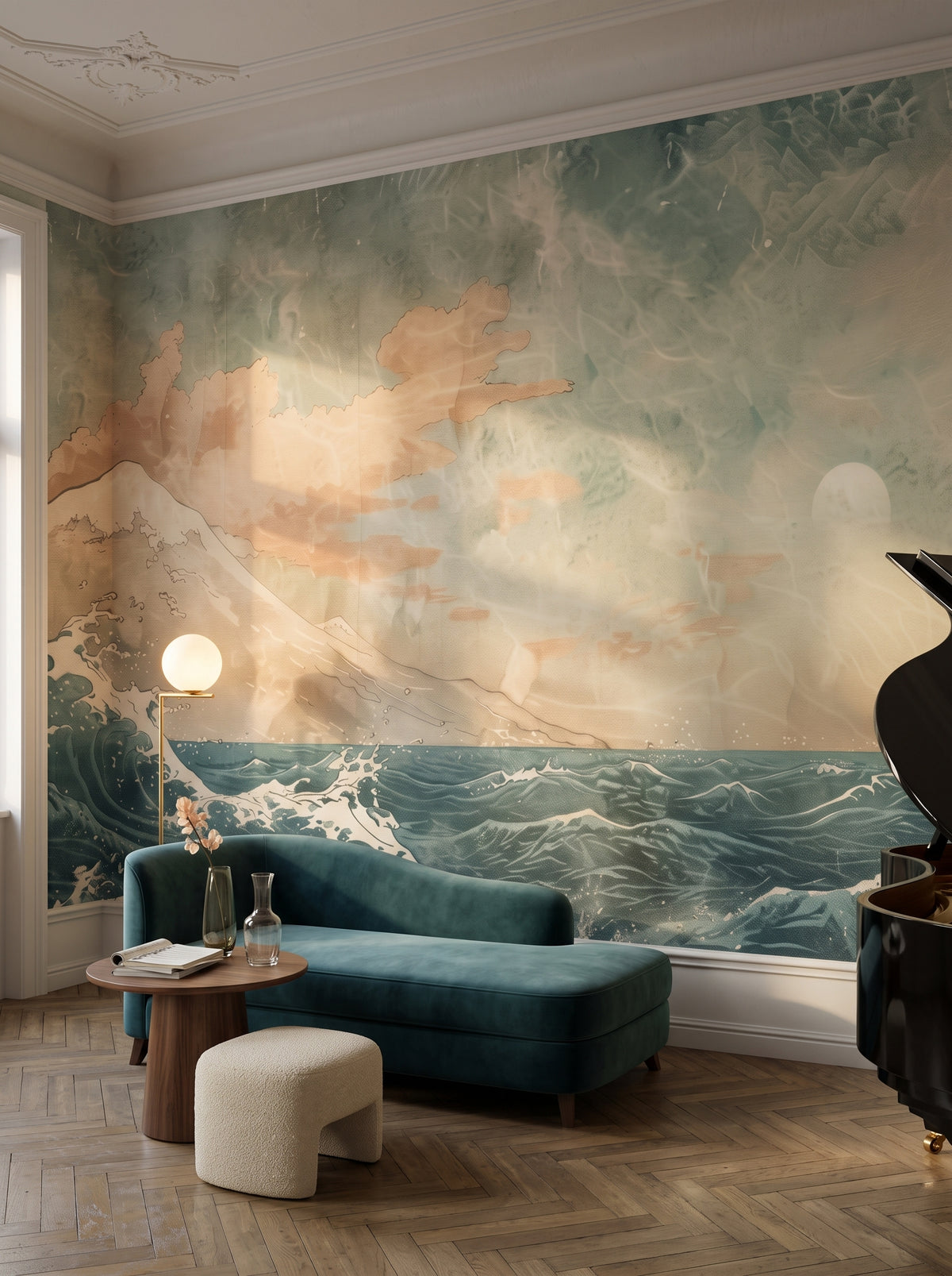 Pattern preview: Fototapeta artystyczna o nazwie Celestial Ocean Calm w aranżacji wnętrza: pokój muzyczny w wiedeńskiej kamienicy.