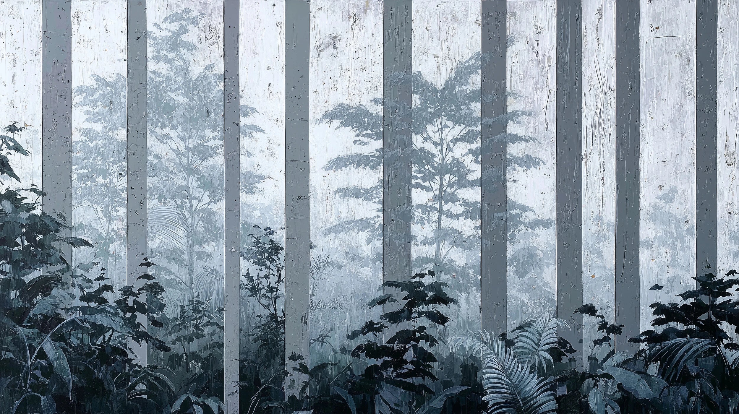 Podgląd wzoru: Prezentacja całego wzoru fototapety o nazwie MISTY FOREST SENTINELS - tapeta z mglistym lasem tropikalnym