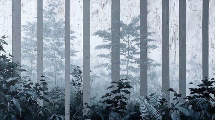 Prezentacja całego wzoru fototapety o nazwie MISTY FOREST SENTINELS - tapeta z mglistym lasem tropikalnym
