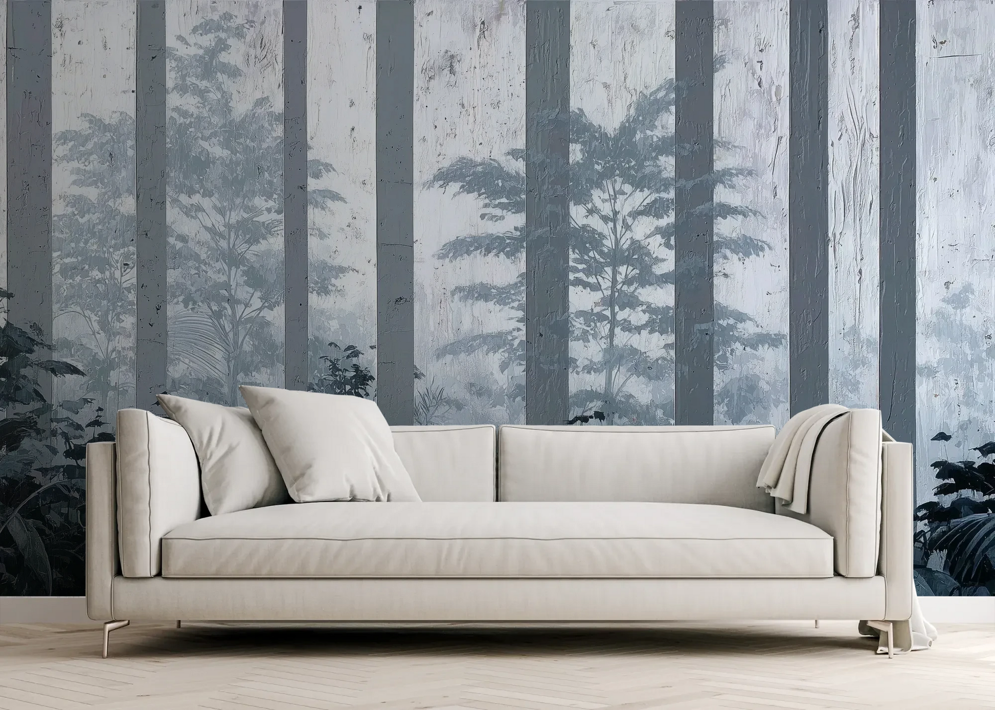 Wzór fototapety MISTY FOREST SENTINELS - tapeta z mglistym lasem tropikalnym pokazanej w aranżacji salonu.