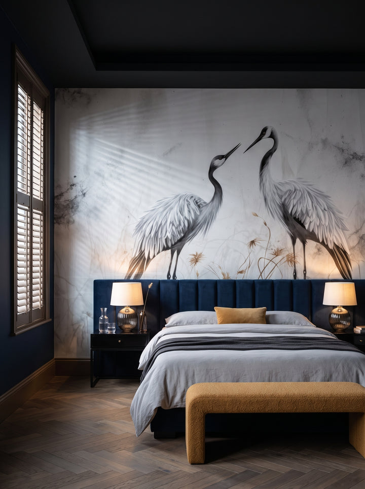 Fototapeta artystyczna o nazwie Serenity Waltz w aranżacji wnętrza: sypialnia w butikowym hotelu designerskim.