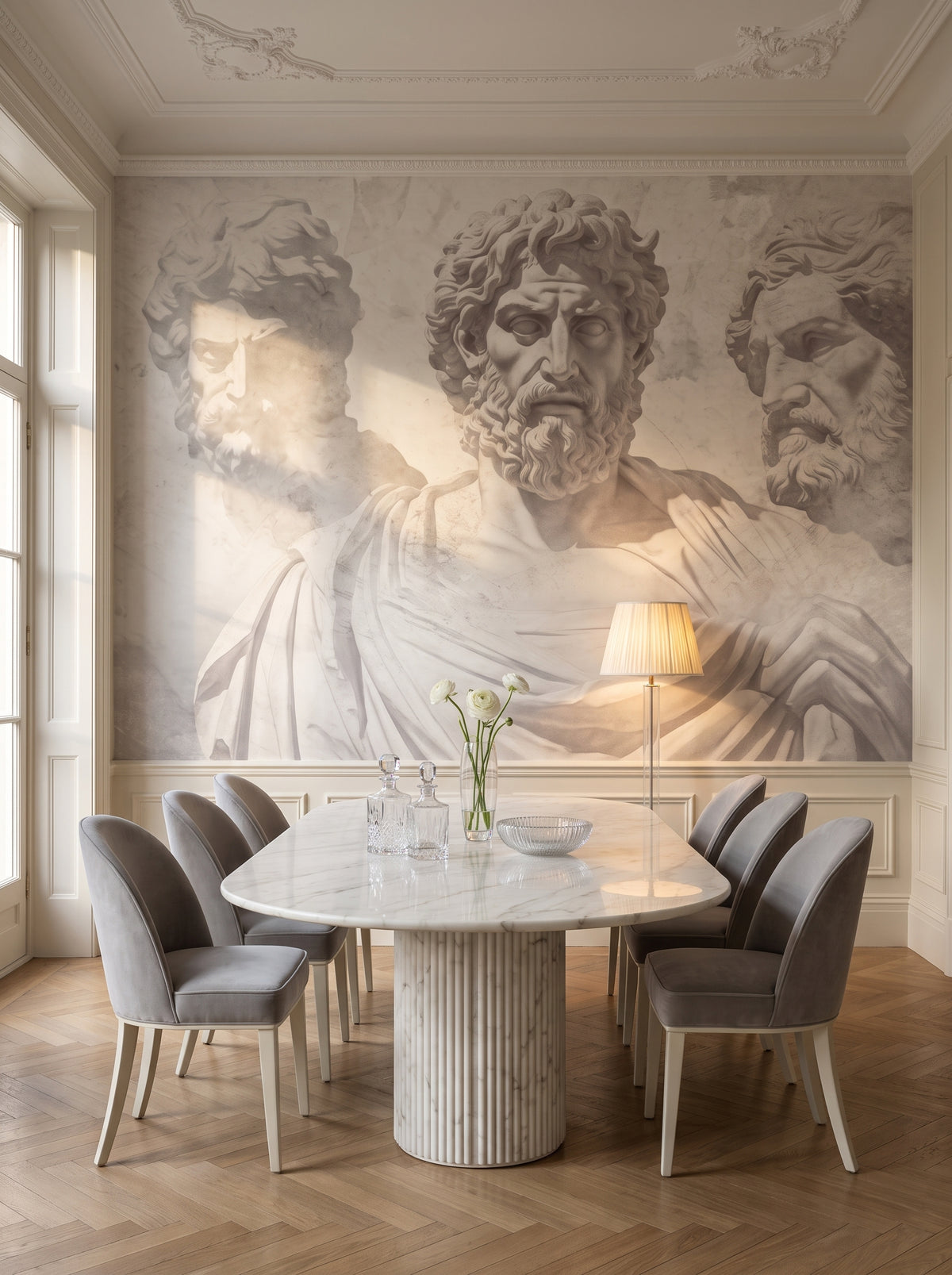 Fototapeta artystyczna o nazwie Stoic Wisdom Revisited w aranżacji wnętrza: formalna jadalnia w nowoczesnym stylu klasycznym.