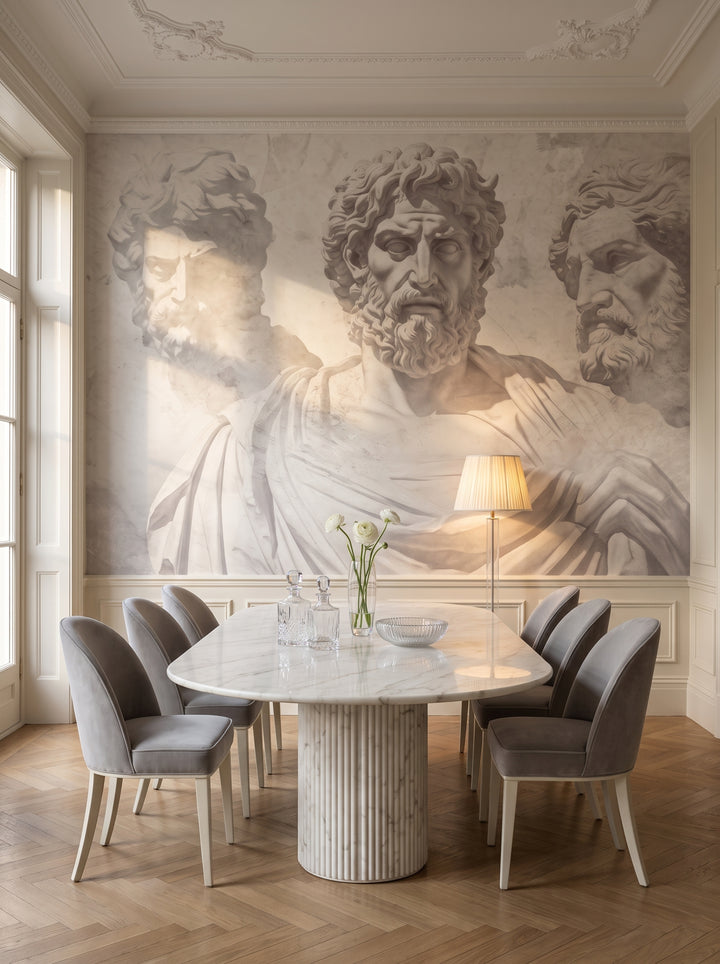 Fototapeta artystyczna o nazwie Stoic Wisdom Revisited w aranżacji wnętrza: formalna jadalnia w nowoczesnym stylu klasycznym.